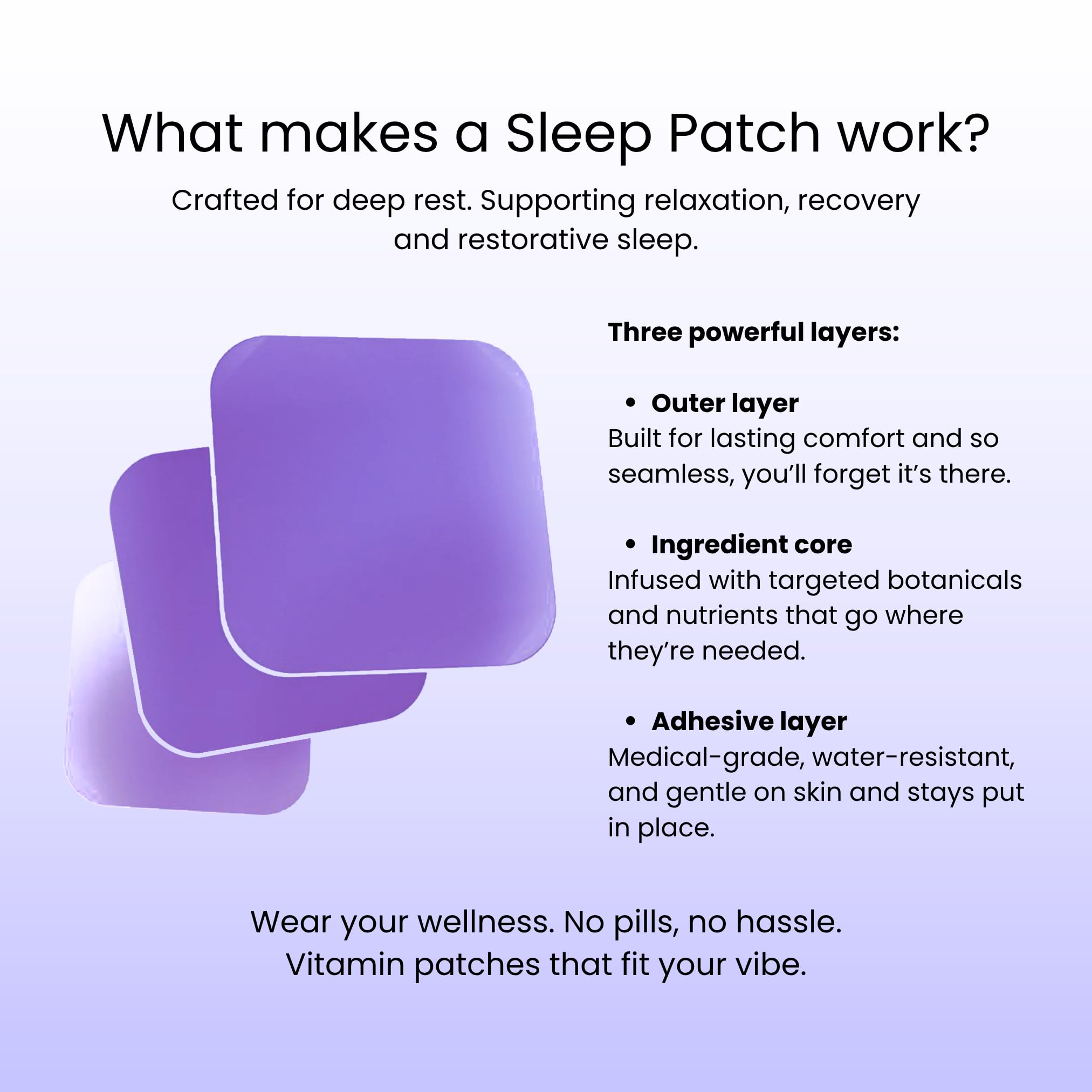 VIBE PATCHES Aplicacion Simple: despega, coloca y ya está para dormir.