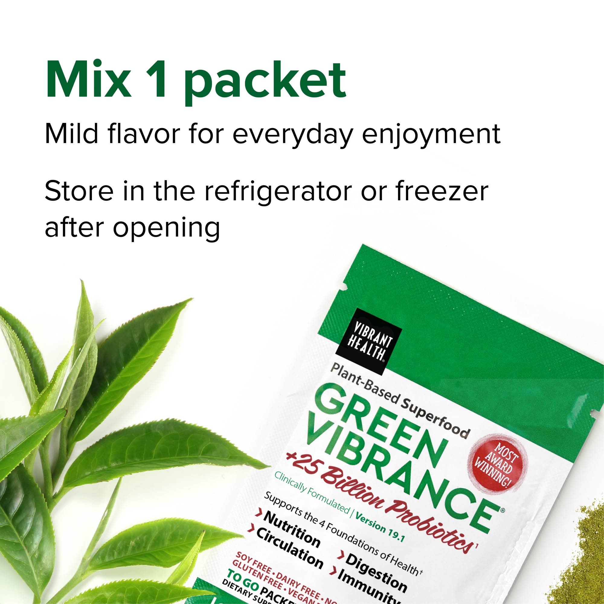 Vibrant Health Green Vibrance Sobres: mezclar en batidos para claridad