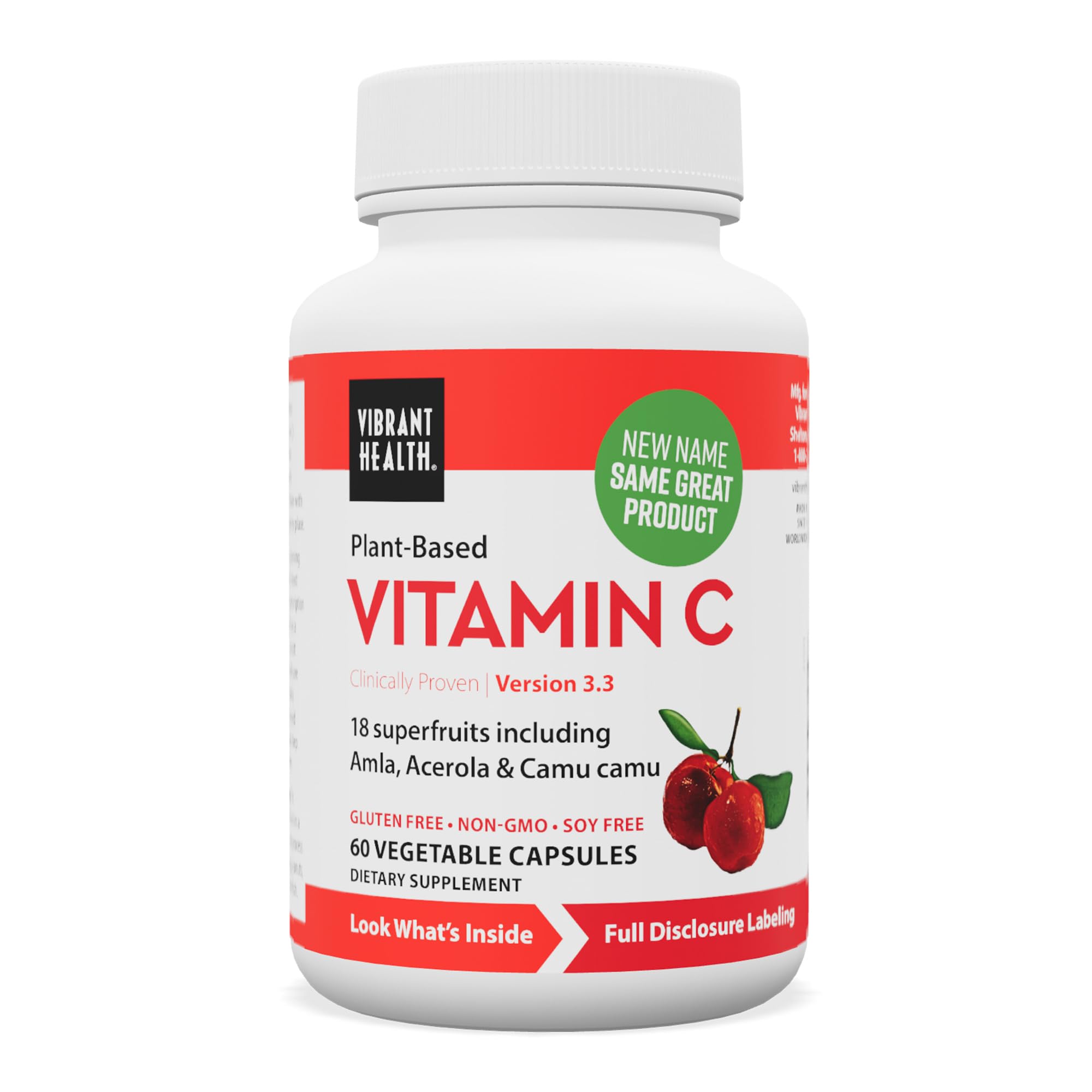 Vibrant Health Super Natural C, botella de vidrio, conserva la frescura para uso diario.