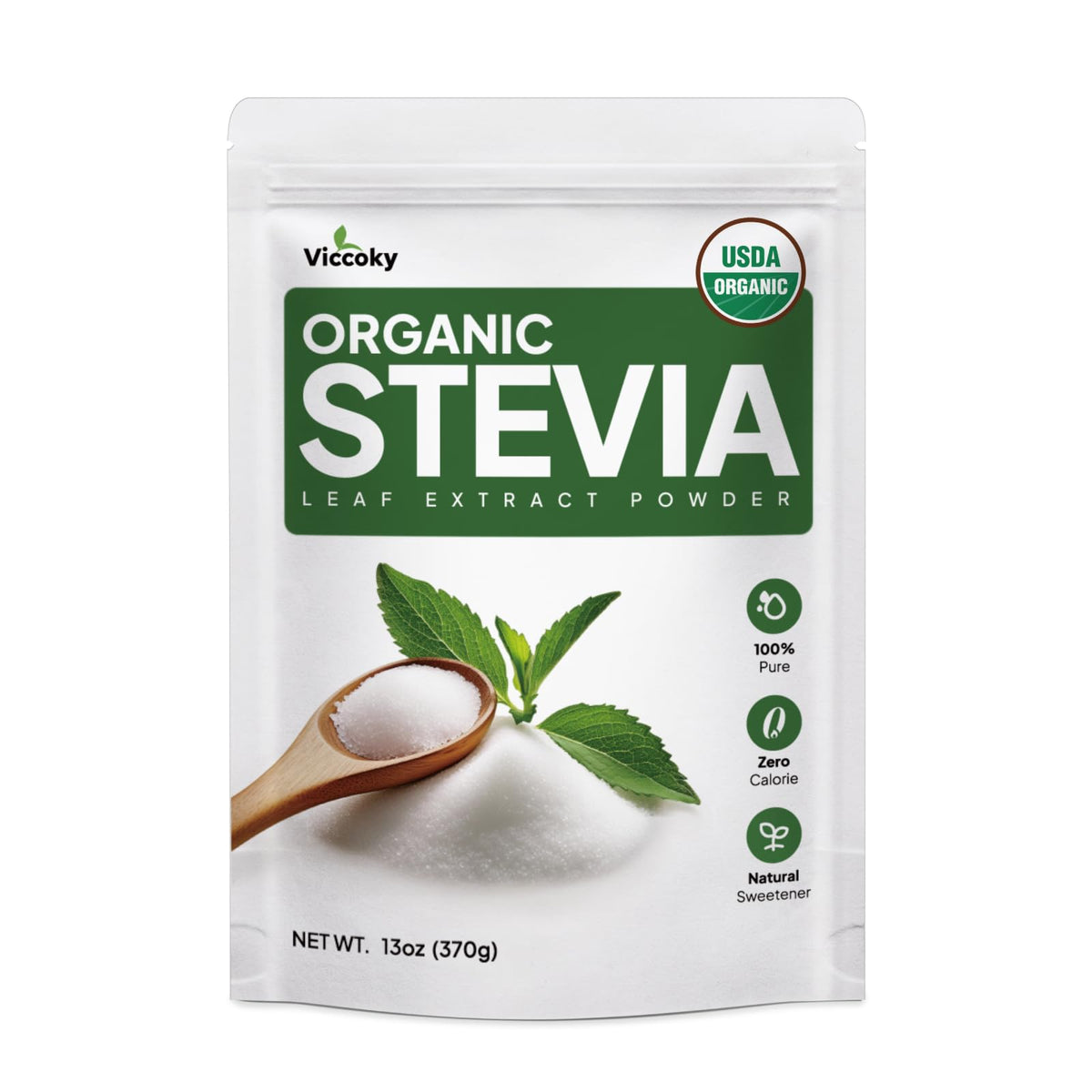 Viccoky Stevia Orgánica en Polvo en envase práctico para uso diario.