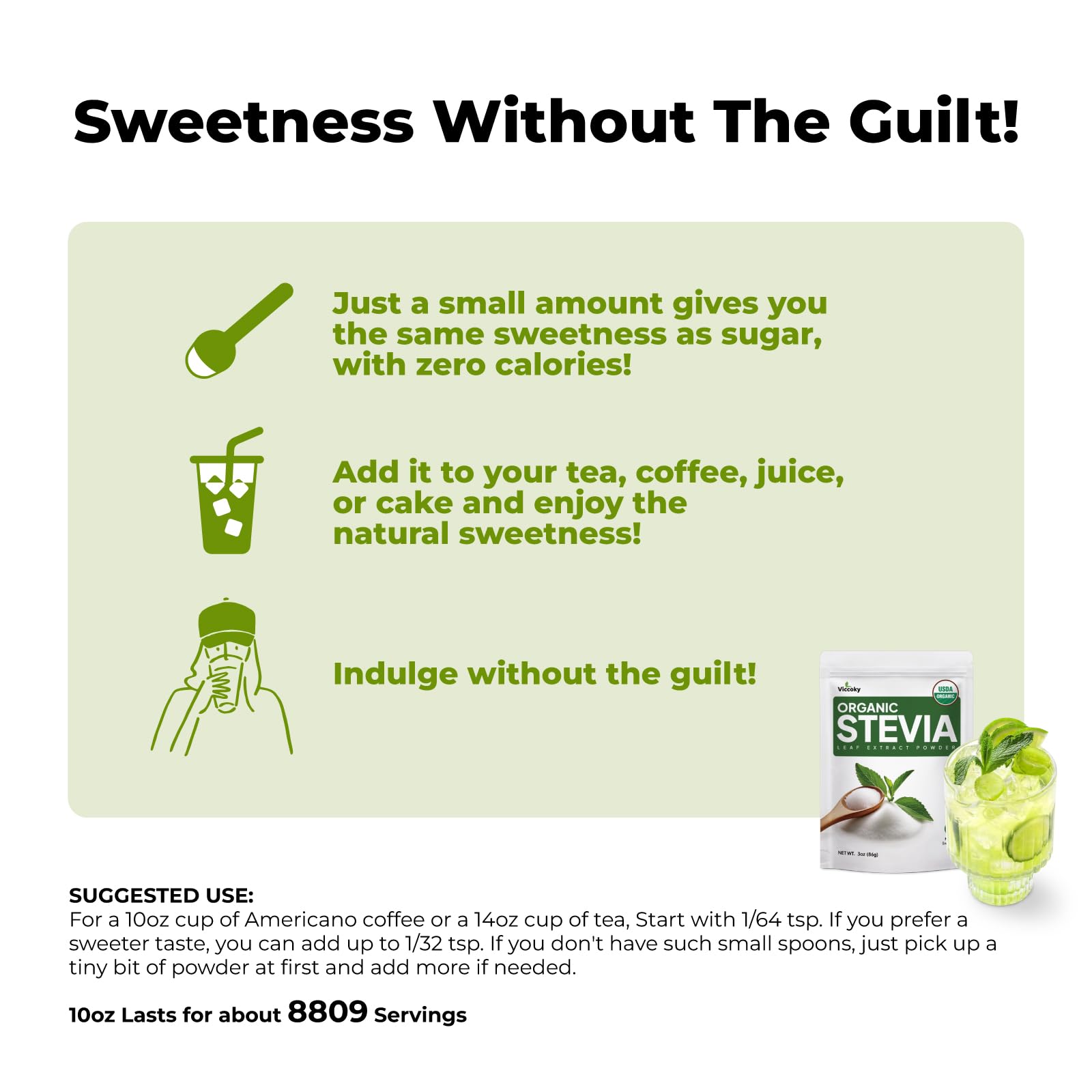 Disolución fácil de Viccoky Stevia Orgánica en Polvo para café.