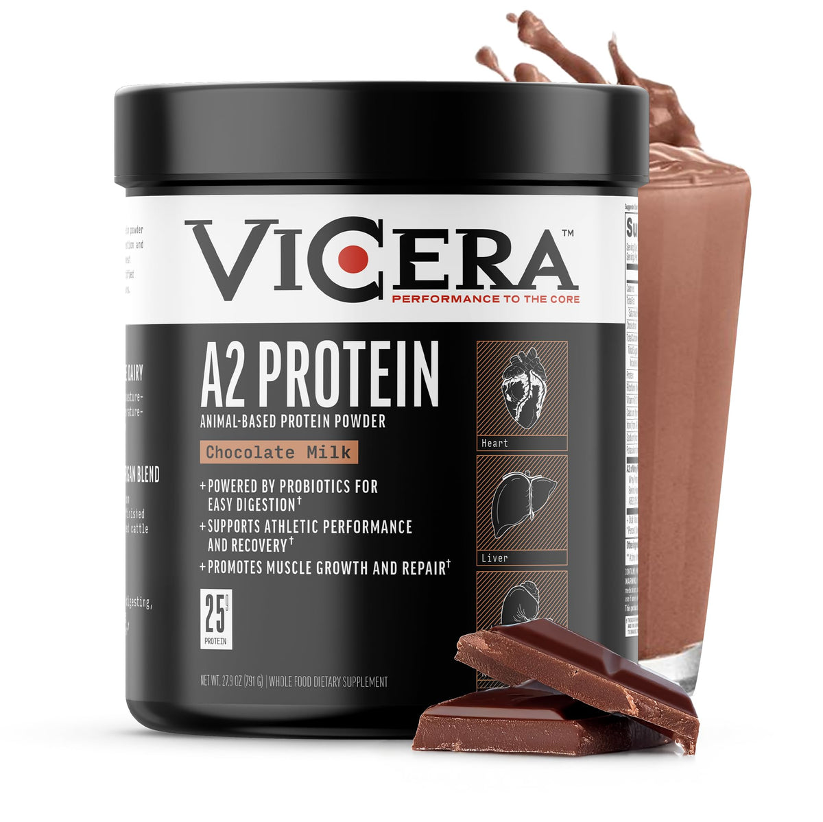 VICERA A2 Proteína en polvo frente de pote con aporte de 25 g por porción para energía diaria