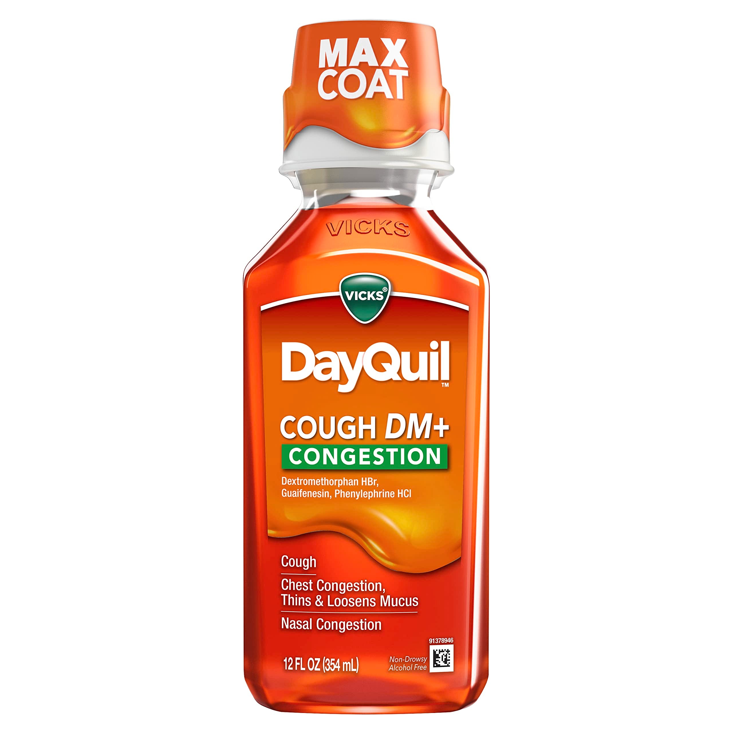 Vicks DayQuil Cough DM+ en botella, alivio de tos y congestión.