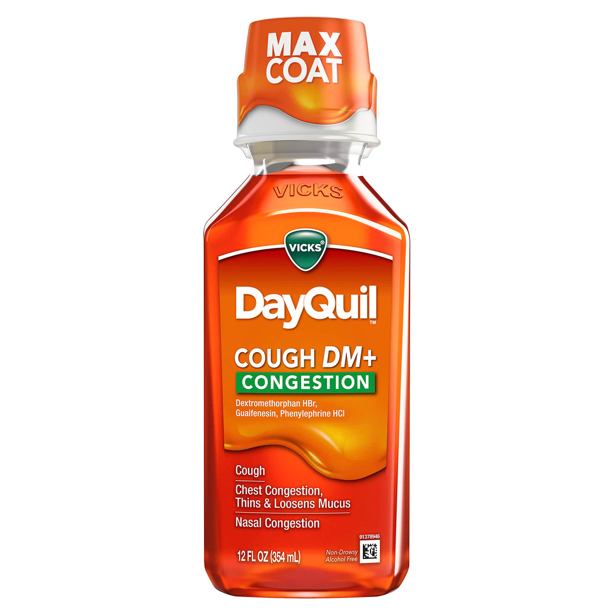 Vicks DayQuil Cough DM+ en botella, alivio de tos y congestión.