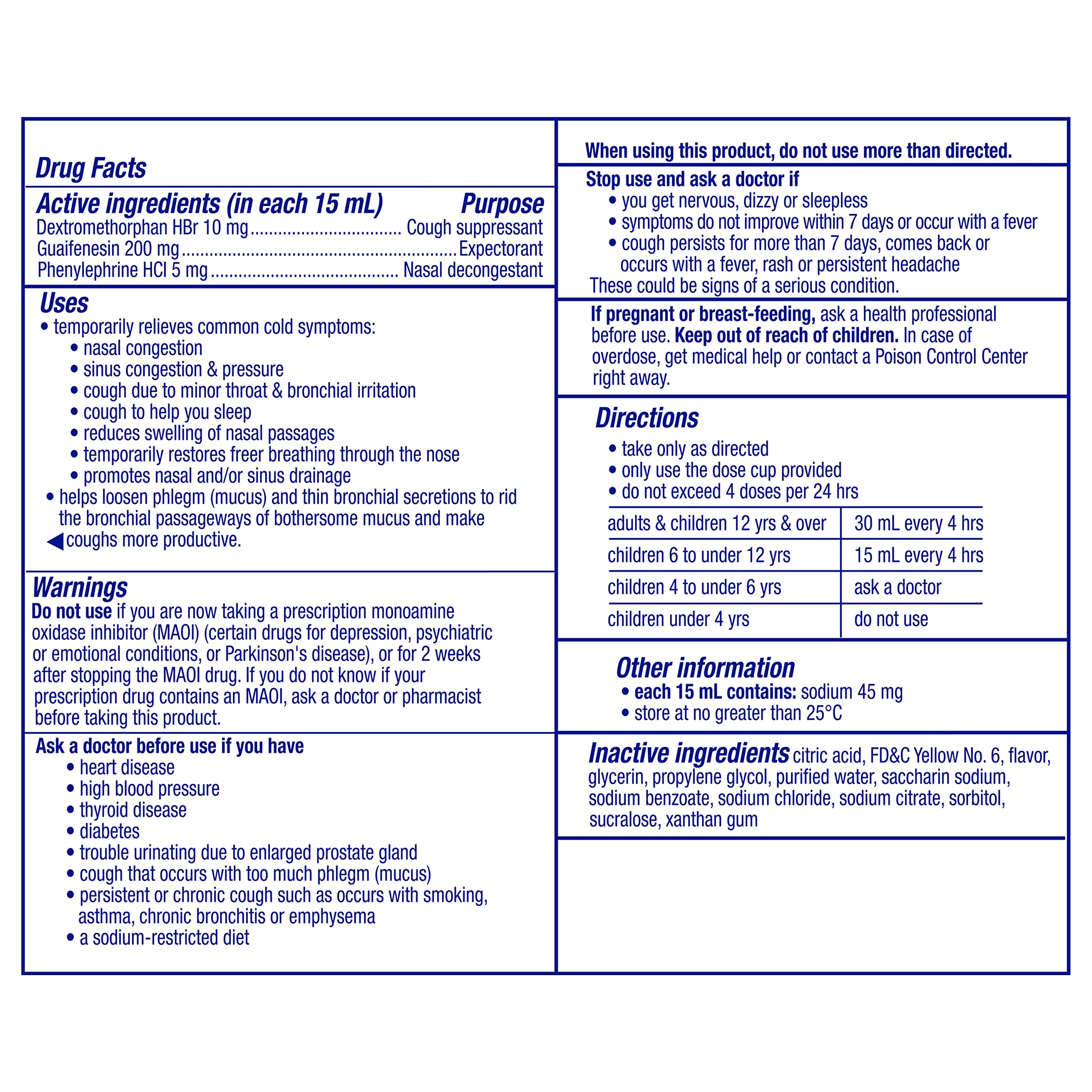 Etiqueta de Vicks DayQuil Cough DM+, guía de dosis para uso diurno.