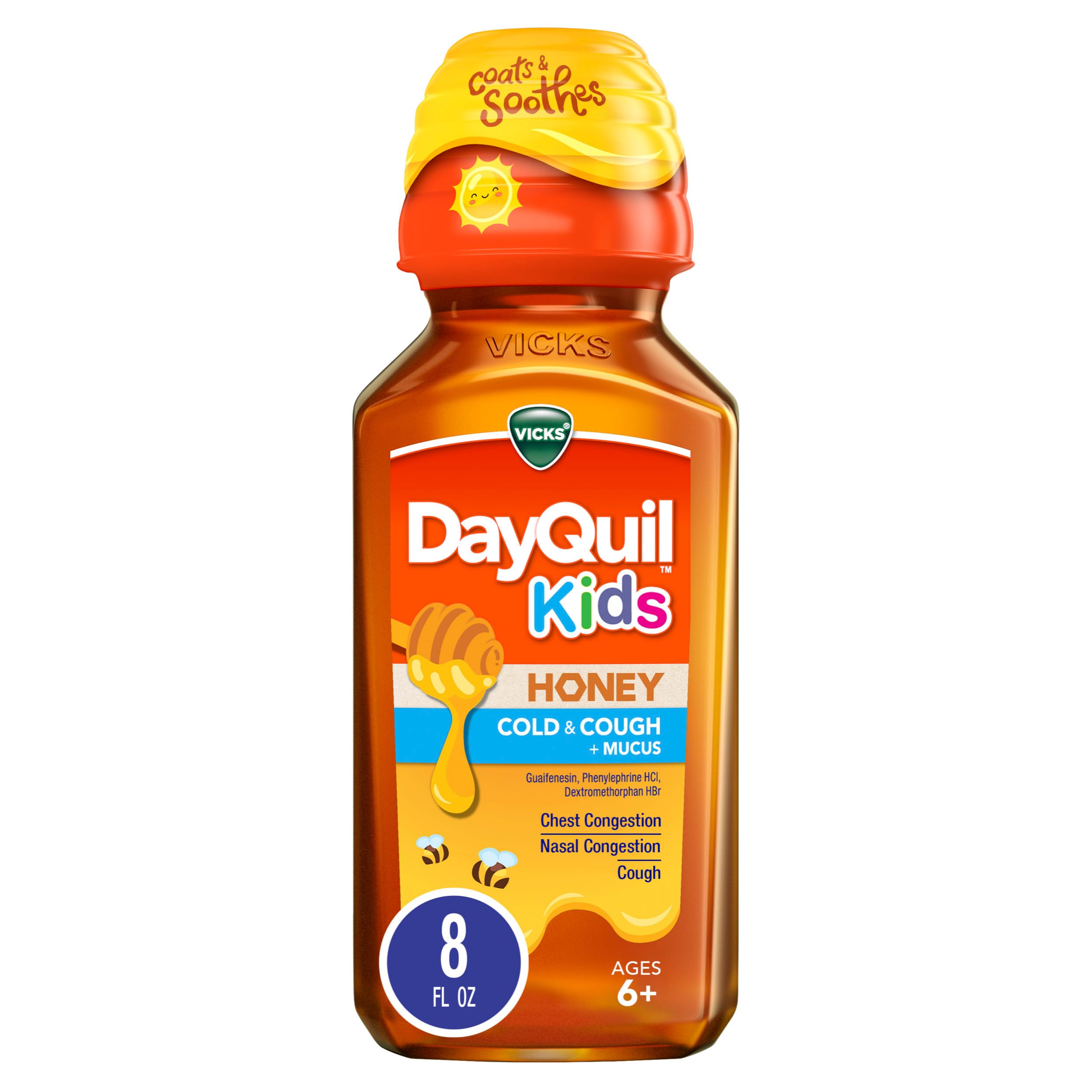Vicks DayQuil Kids frasco 8 onzas miel real para uso diurno infantil.