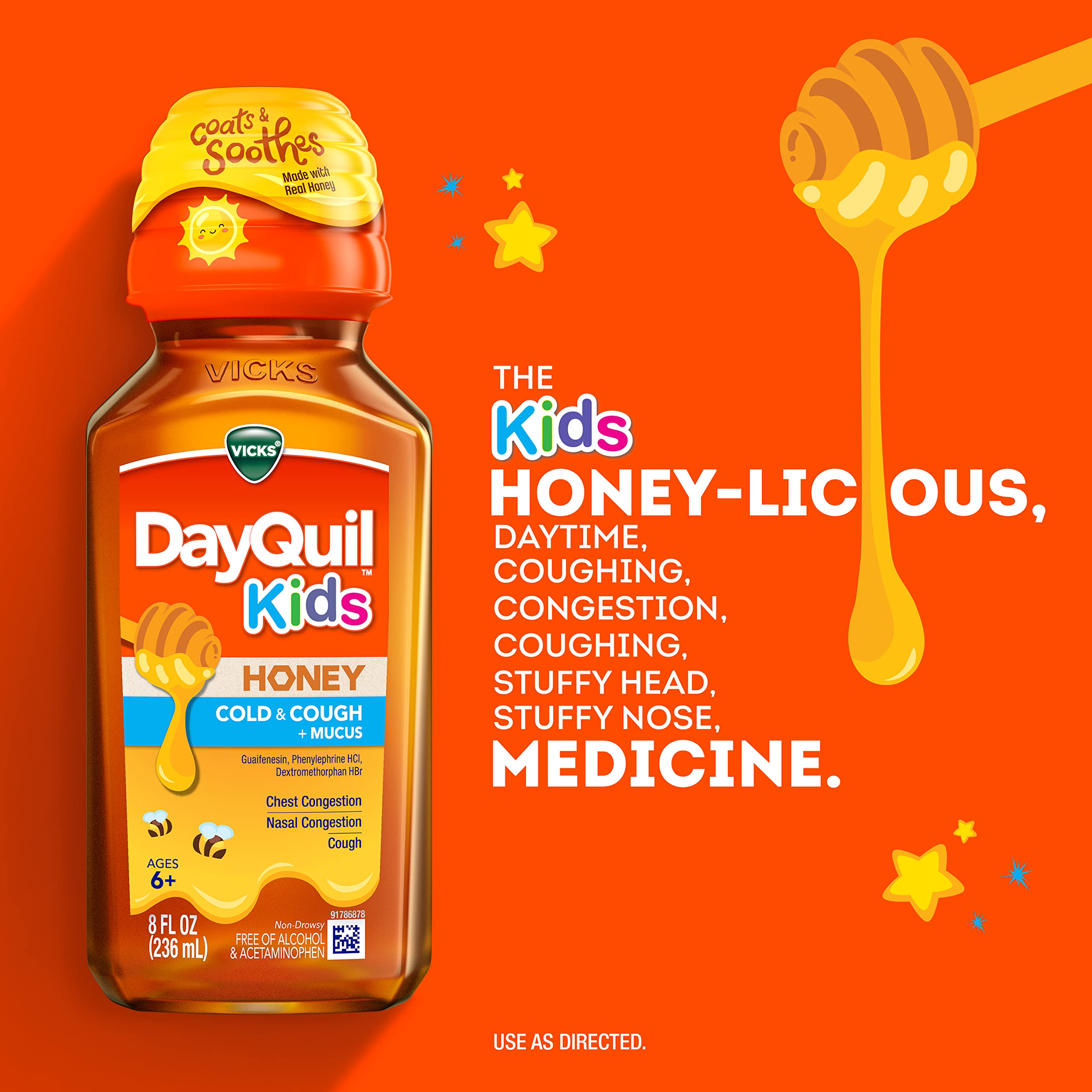 Vicks DayQuil Kids sin jarabe de maíz alto en fructosa.