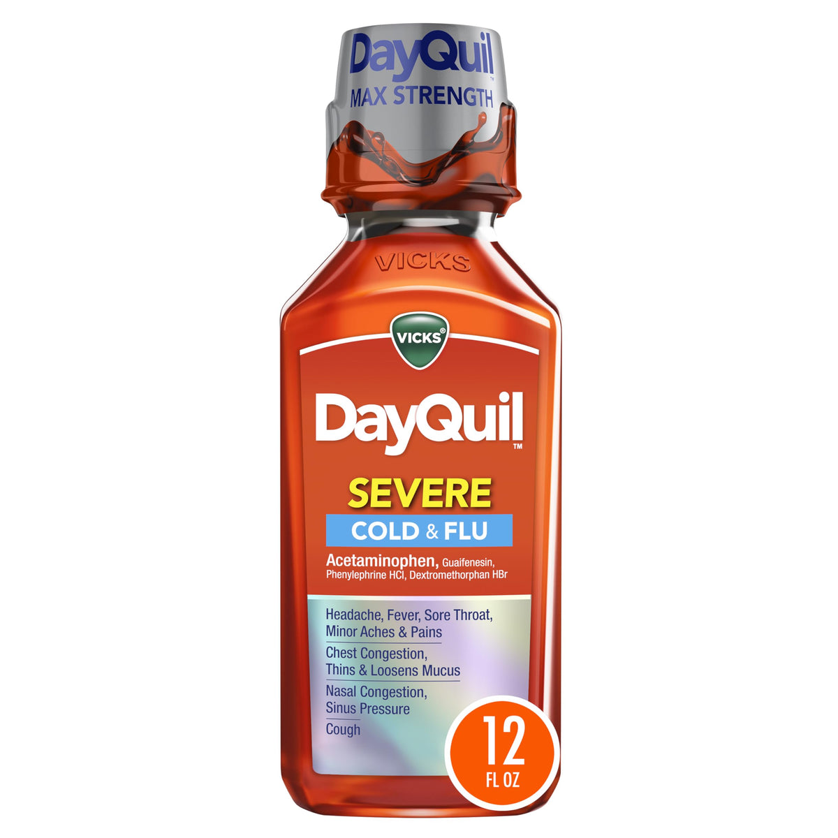 Vicks DayQuil SEVERE botella frontal muestra la dosis rápida para síntomas.