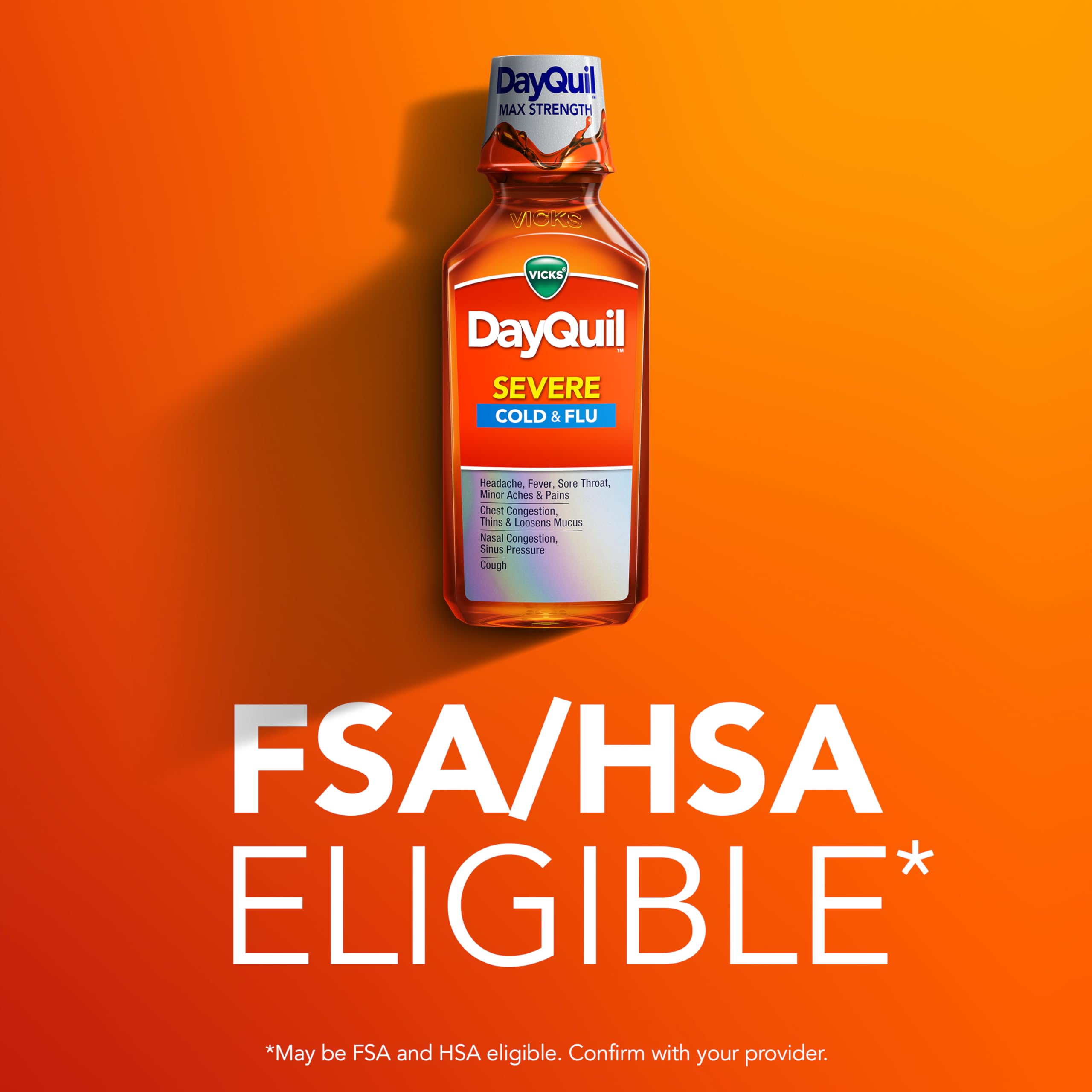 Vicks DayQuil SEVERE toma diurna en vaso para energía continua.