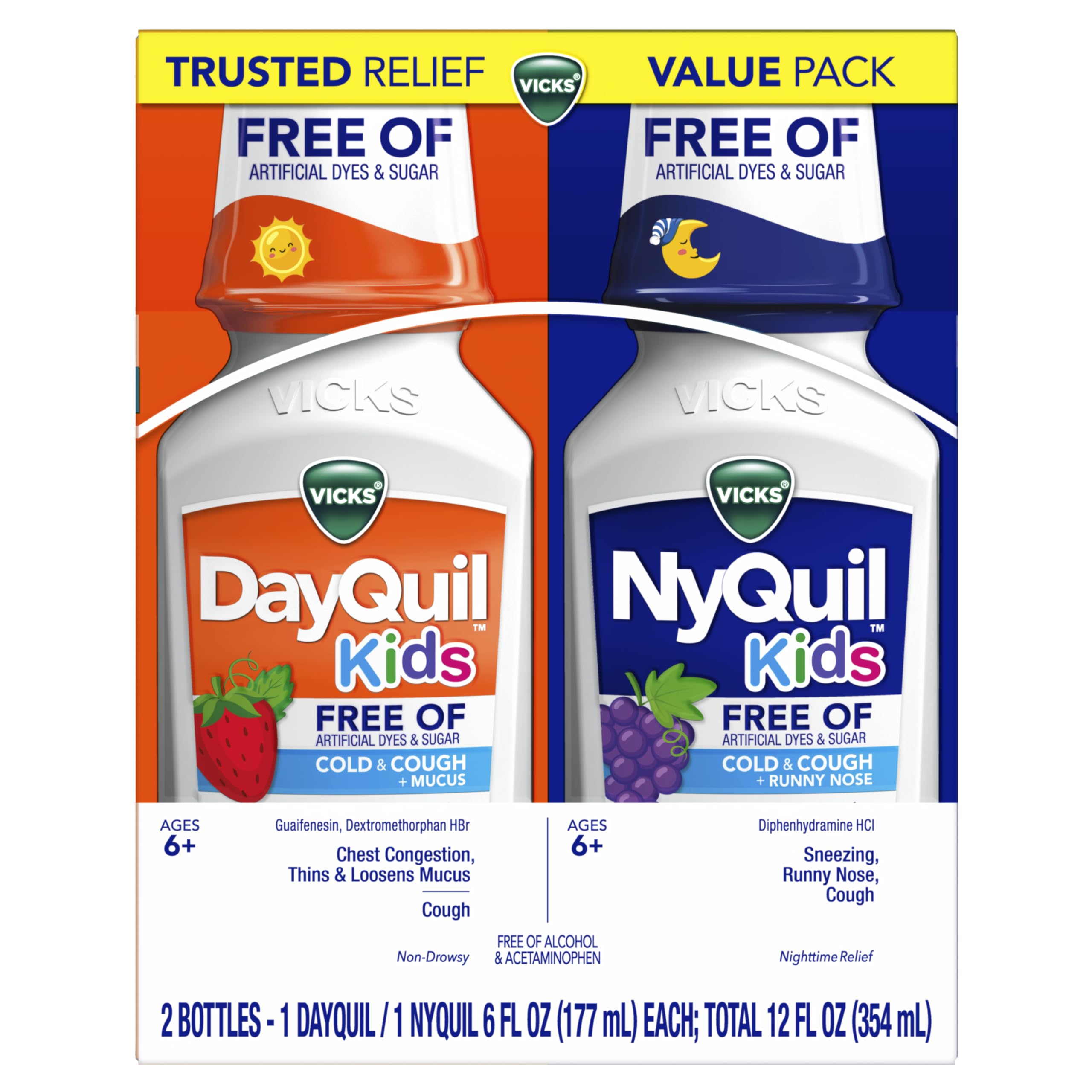 Vicks Kids DayQuil NyQuil, botella diurna con sabor a frutas para niños.