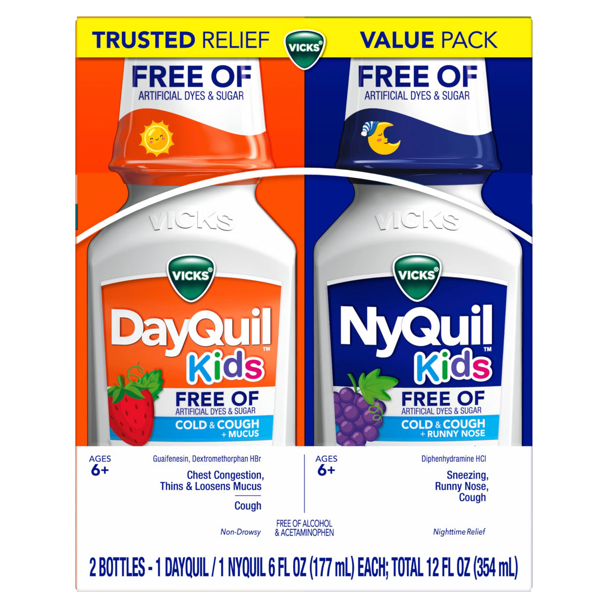 Vicks Kids DayQuil NyQuil, botella diurna con sabor a frutas para niños.