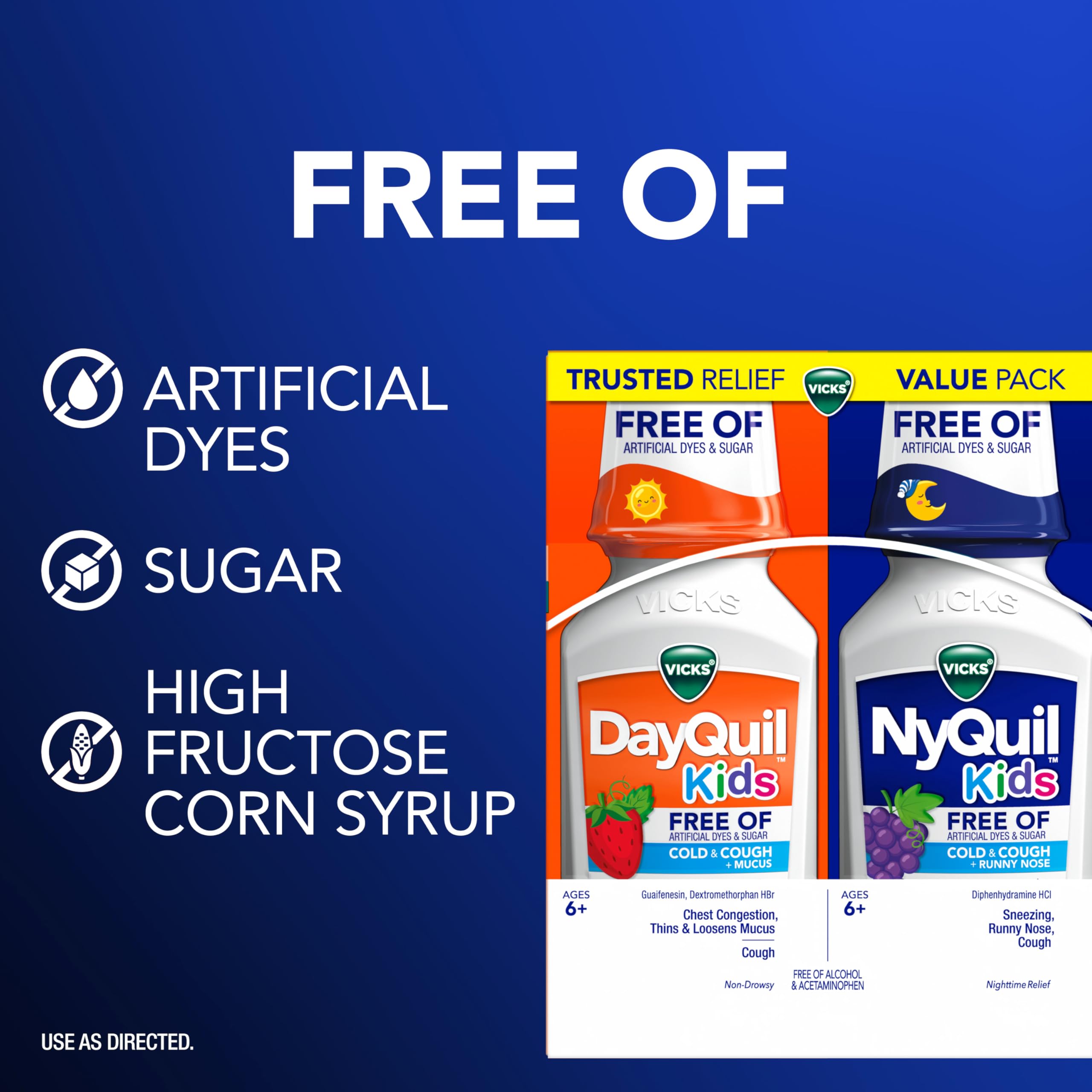 Etiqueta sin azúcar en DayQuil NyQuil para niños.