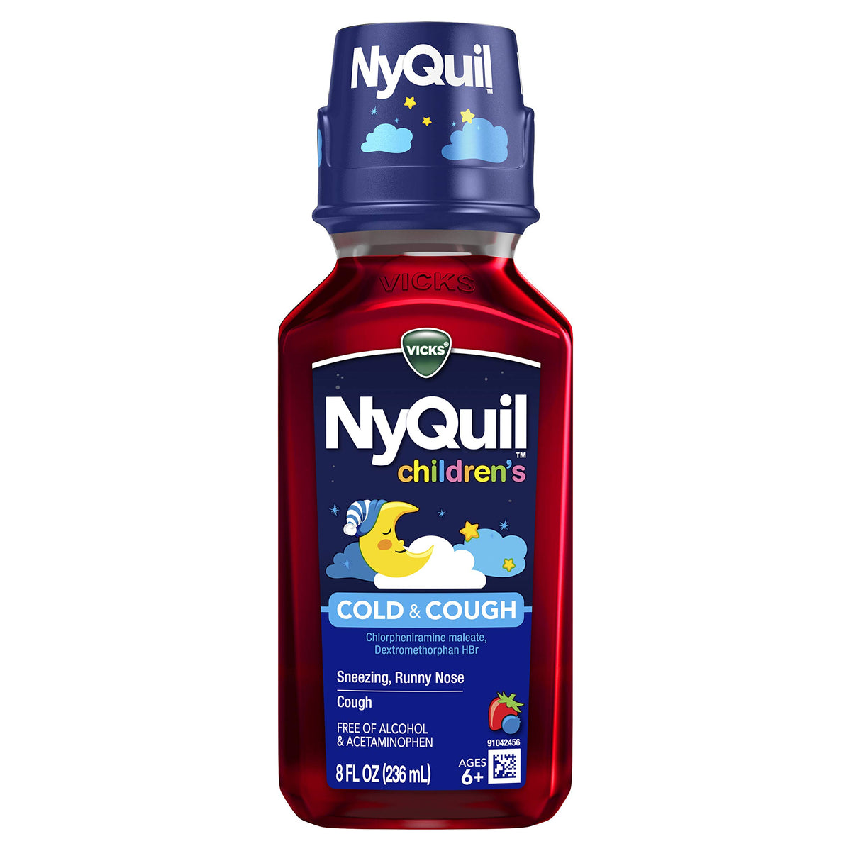Vicks NyQuil para niños, botella con sabor bayas para alivio nocturno.