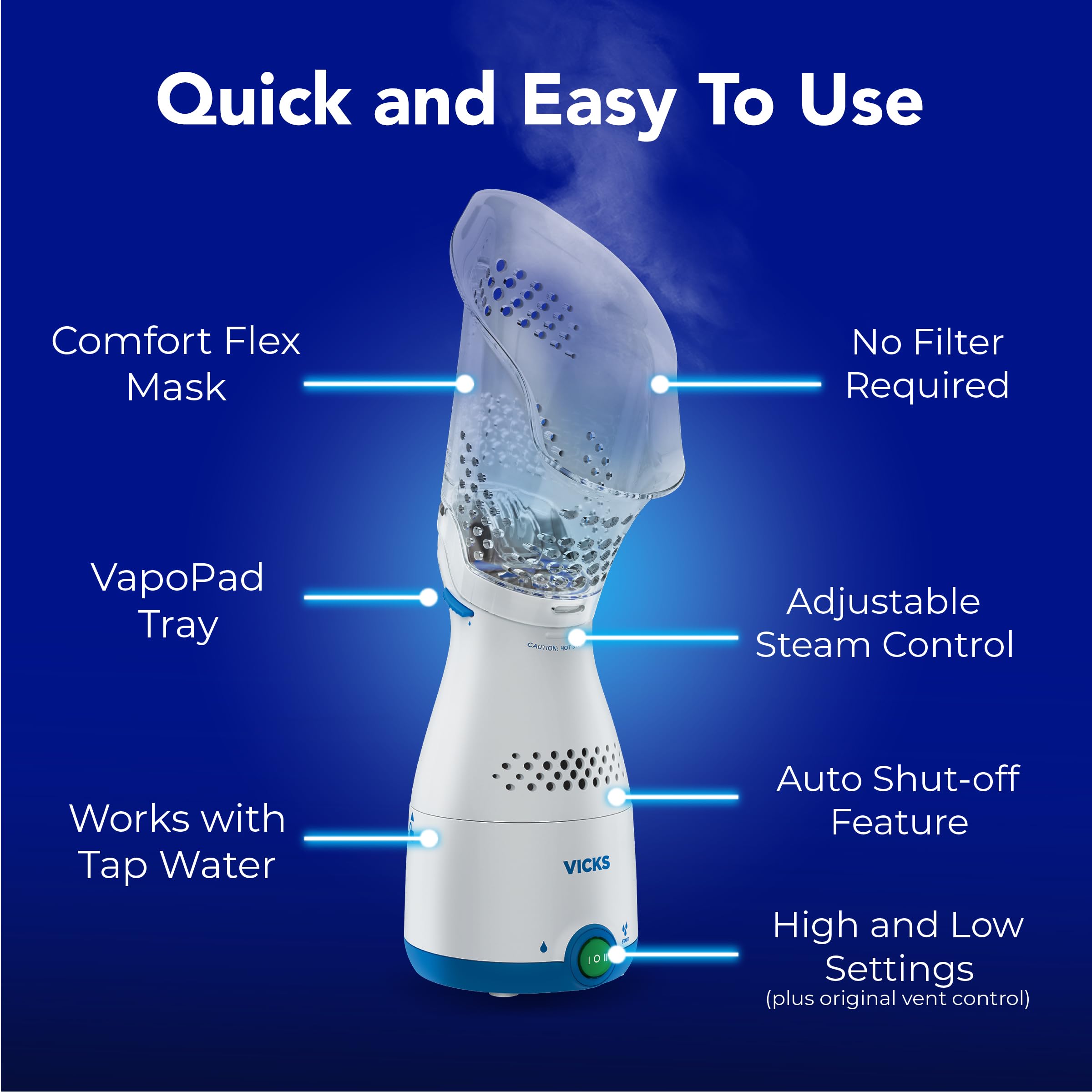 Control de vapor ajustable en el inhalador Vicks para personalizar la experiencia.
