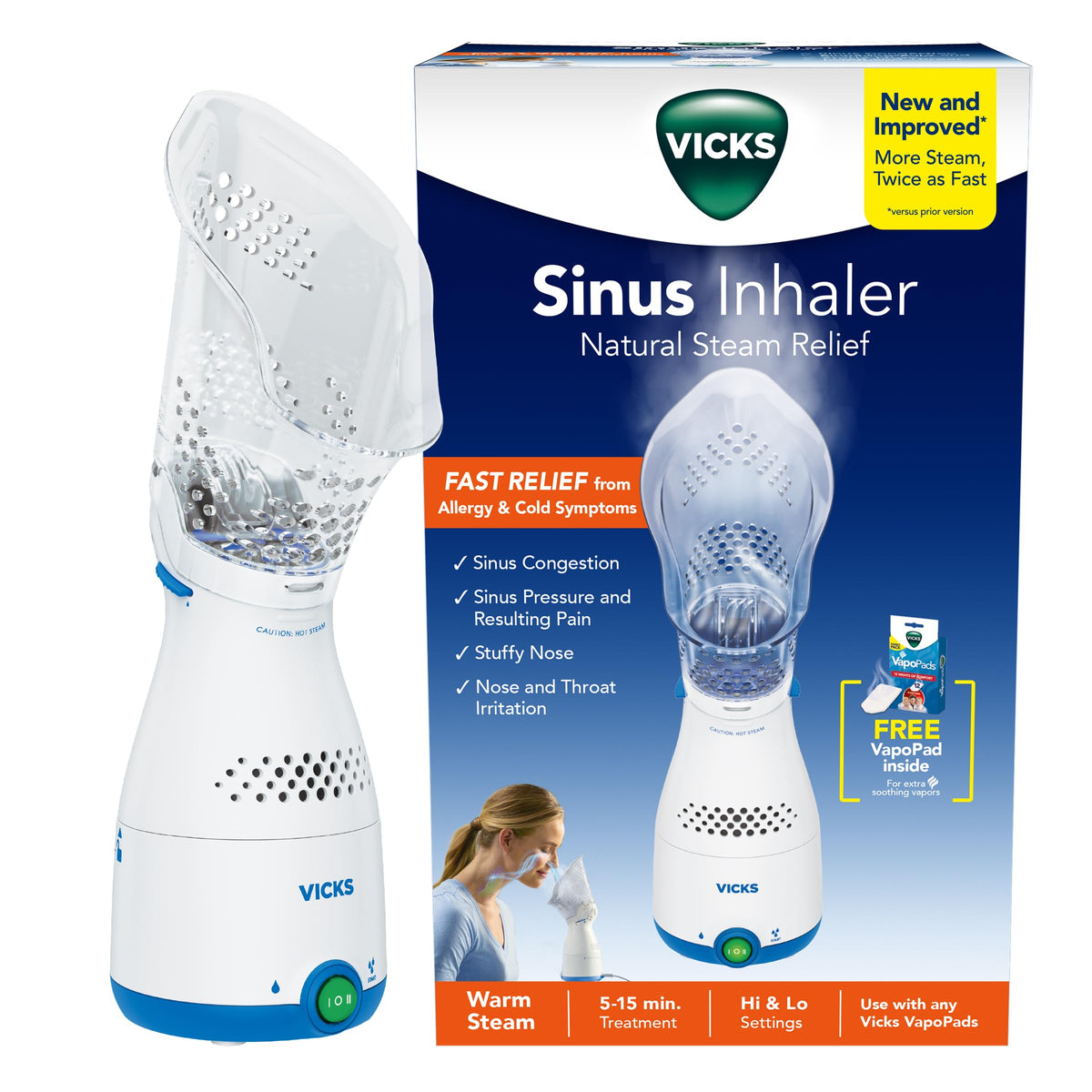 Inhalador Vicks con diseño compacto para uso portátil y alivio de la congestión nasal.