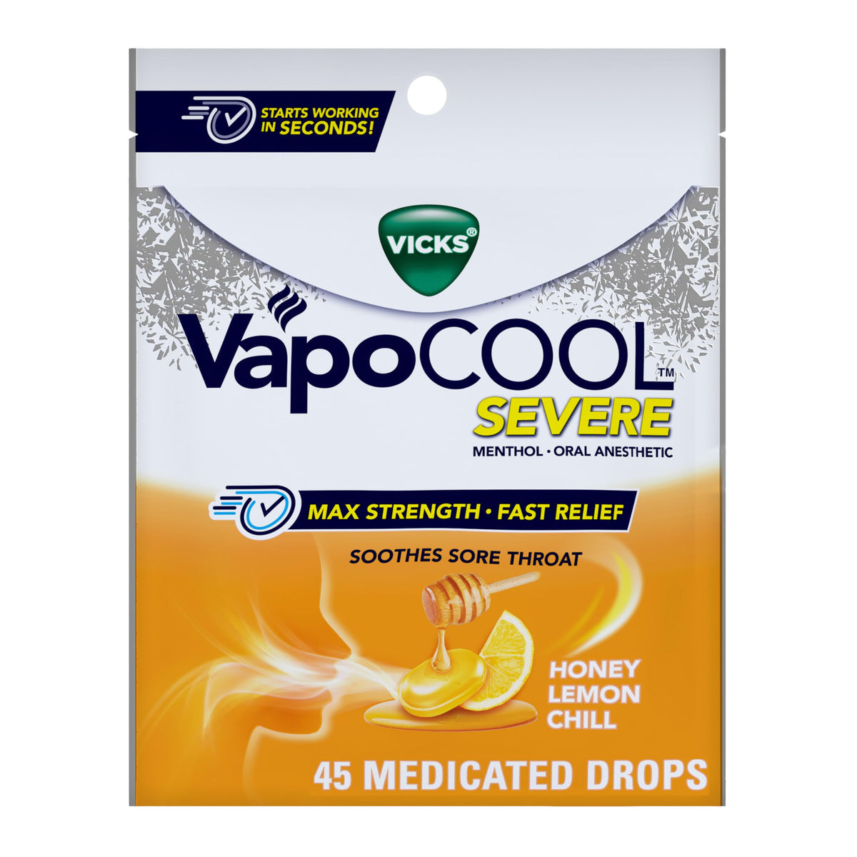 Pastillas Vicks VapoCOOL Severe en empaque miel-limón para alivio temporal.