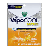 Pastillas Vicks VapoCOOL Severe en empaque miel-limón para alivio temporal.