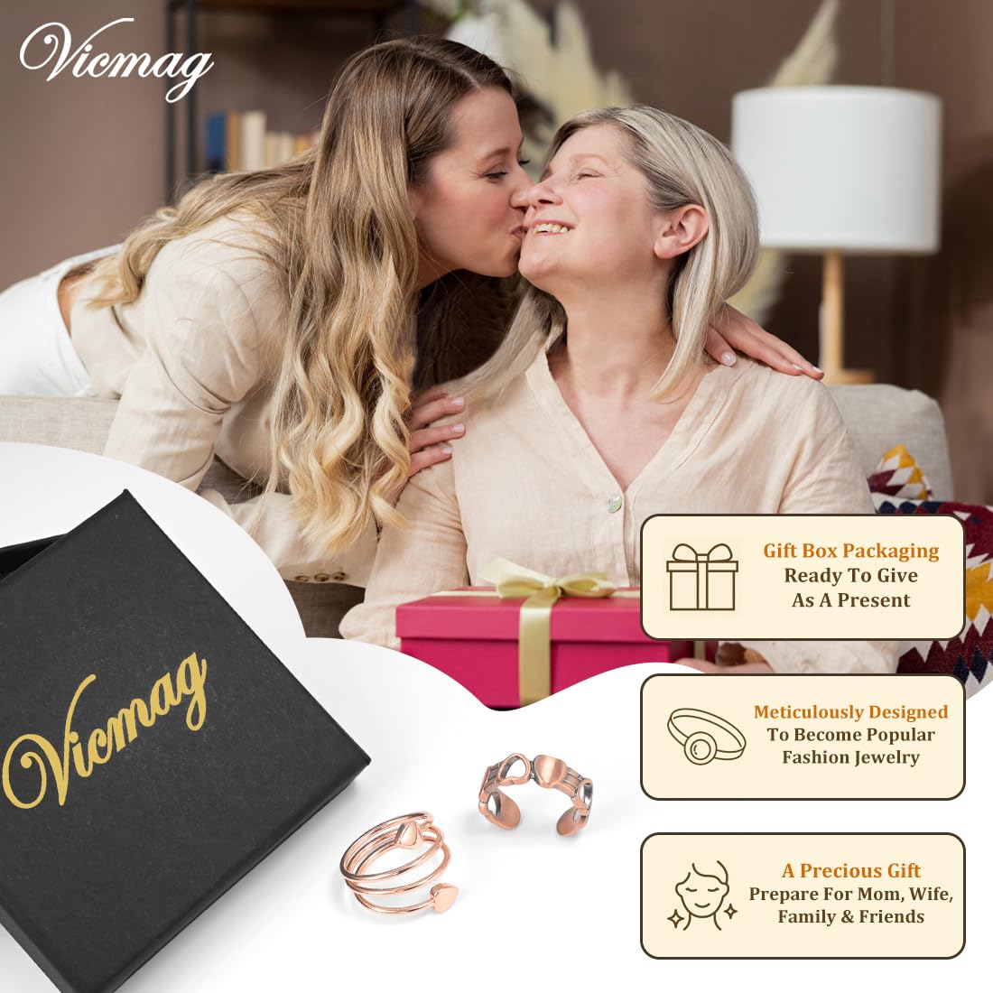 Vicmag, 100% libre de níquel y plomo, seguro para piel sensible.