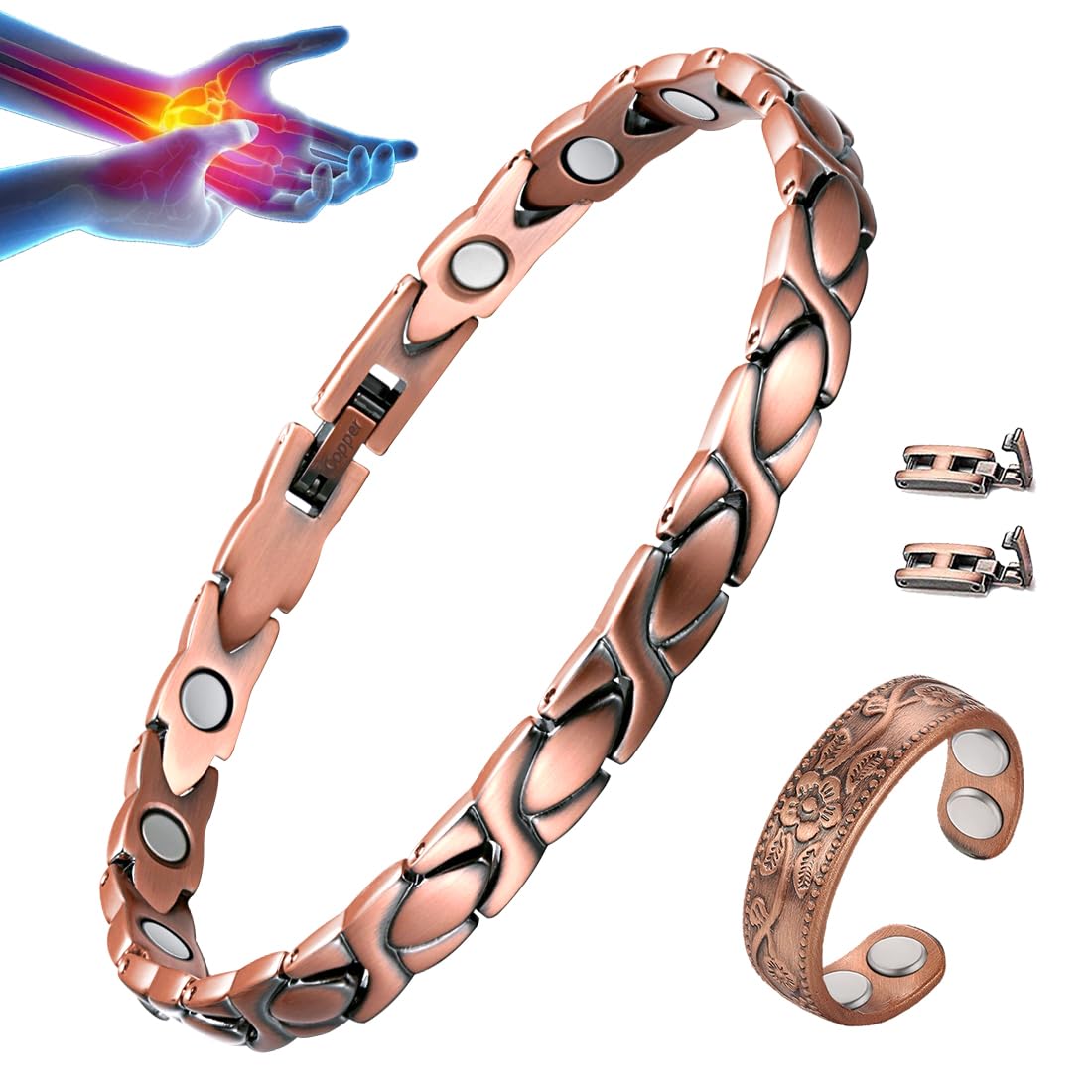 Brazalete Magnético Vicmag en cobre para mujer enfocado a la muñeca y confort diario.