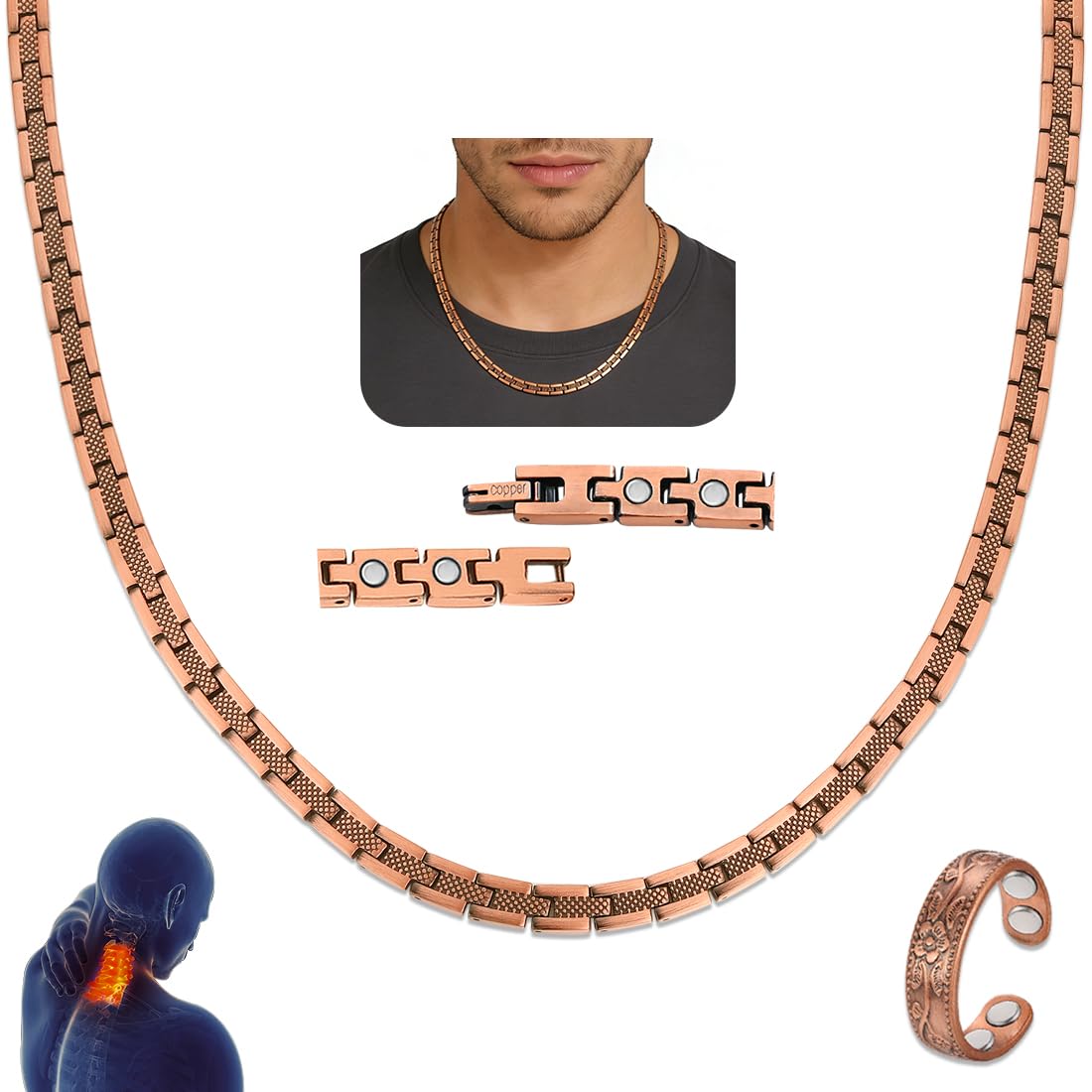 Vicmag collar magnético cobre, detalle de aro cuadrado para uso diario.