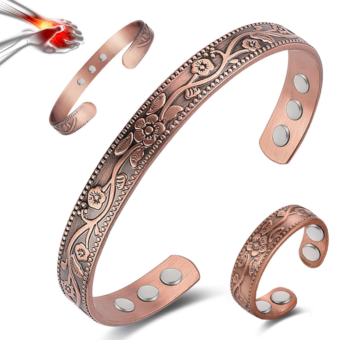 Vicmag pulsera magnética de cobre, diseño flor, uso diario elegante.