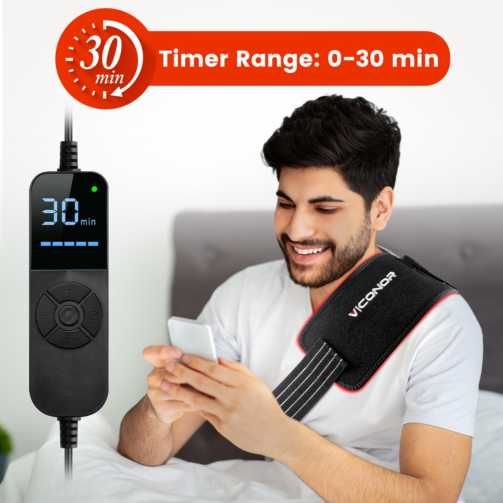 Viconor mando ajustable y temporizador de 30 minutos para sesiones seguras.