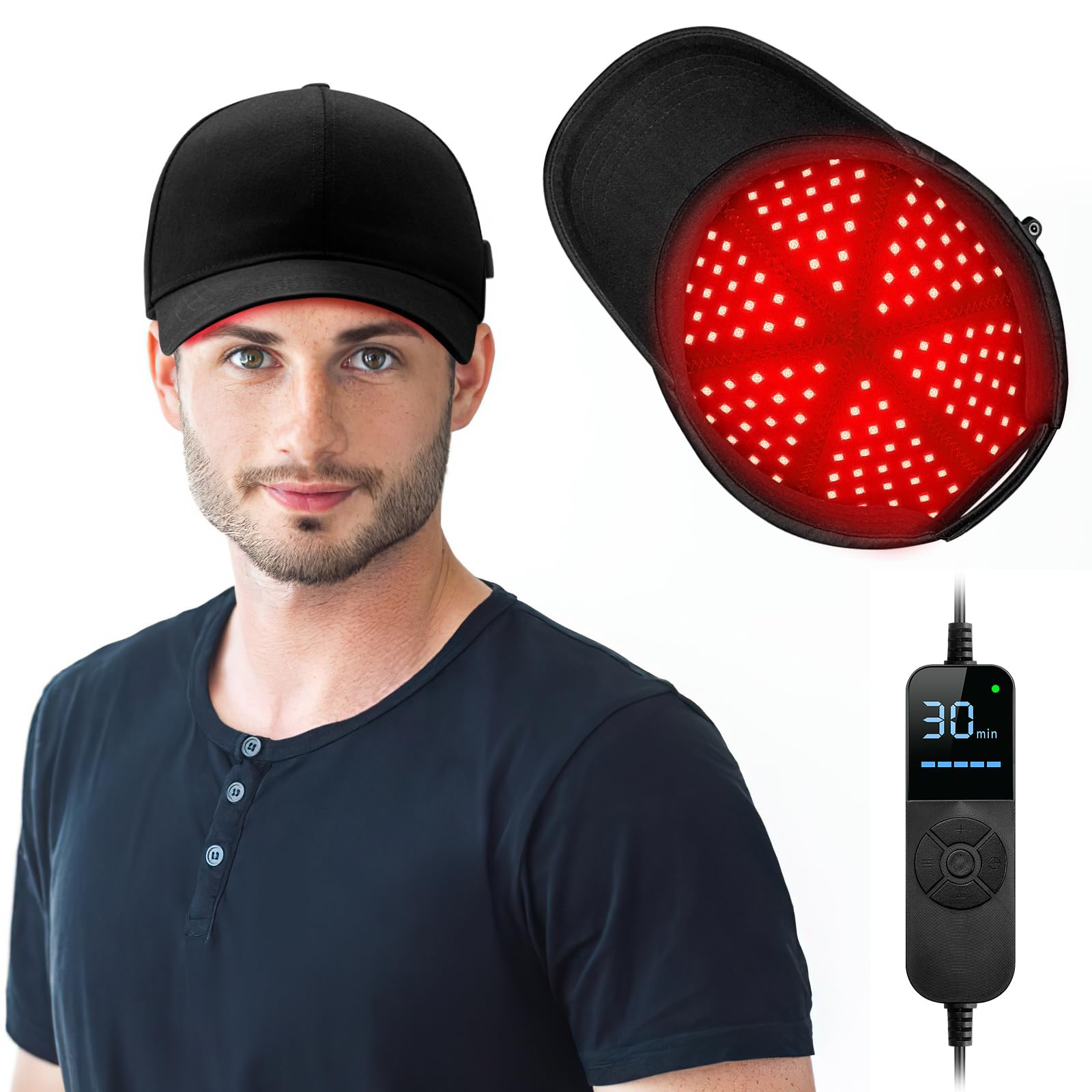 Gorra LED Viconor para crecimiento capilar, vista frontal, uso diario cómodo.