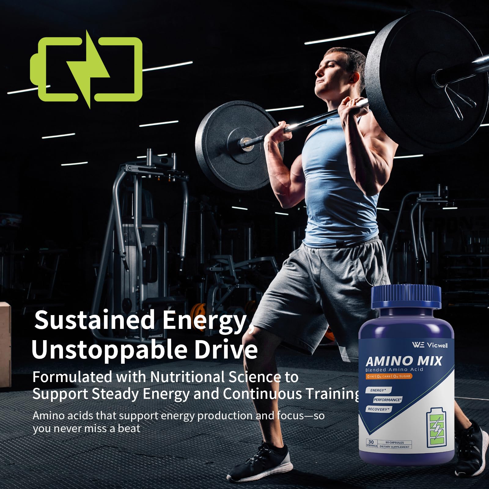 Vicwell Aminoácido – cápsulas, formato conveniente para entrenar.