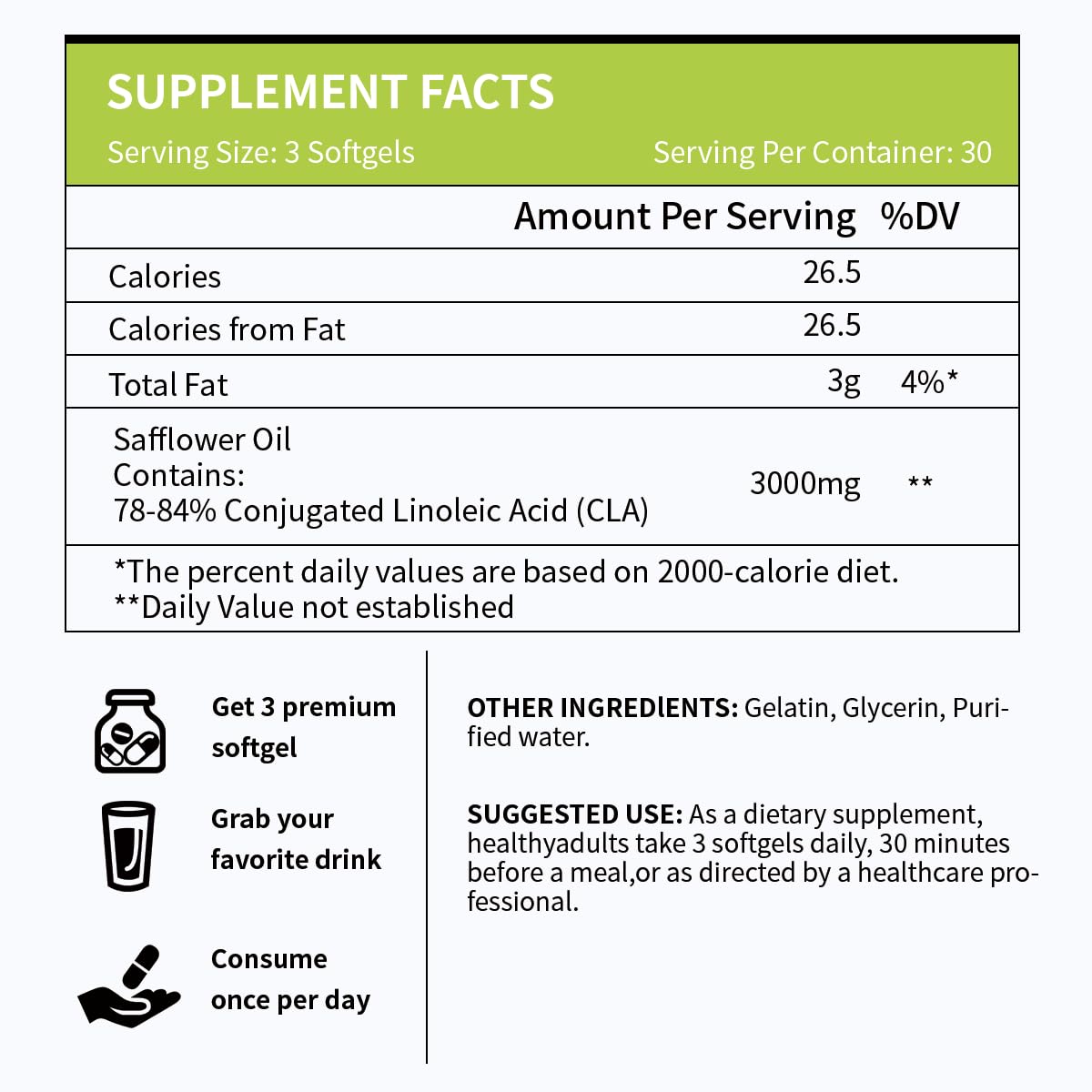 Vicwell CLA 3000mg Softgels, ingredientes naturales: opción simple y limpia.