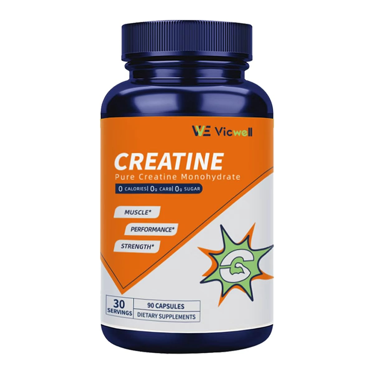 Vicwell Creatine Monohidrato en botella, energía muscular para entrenamientos intensos.