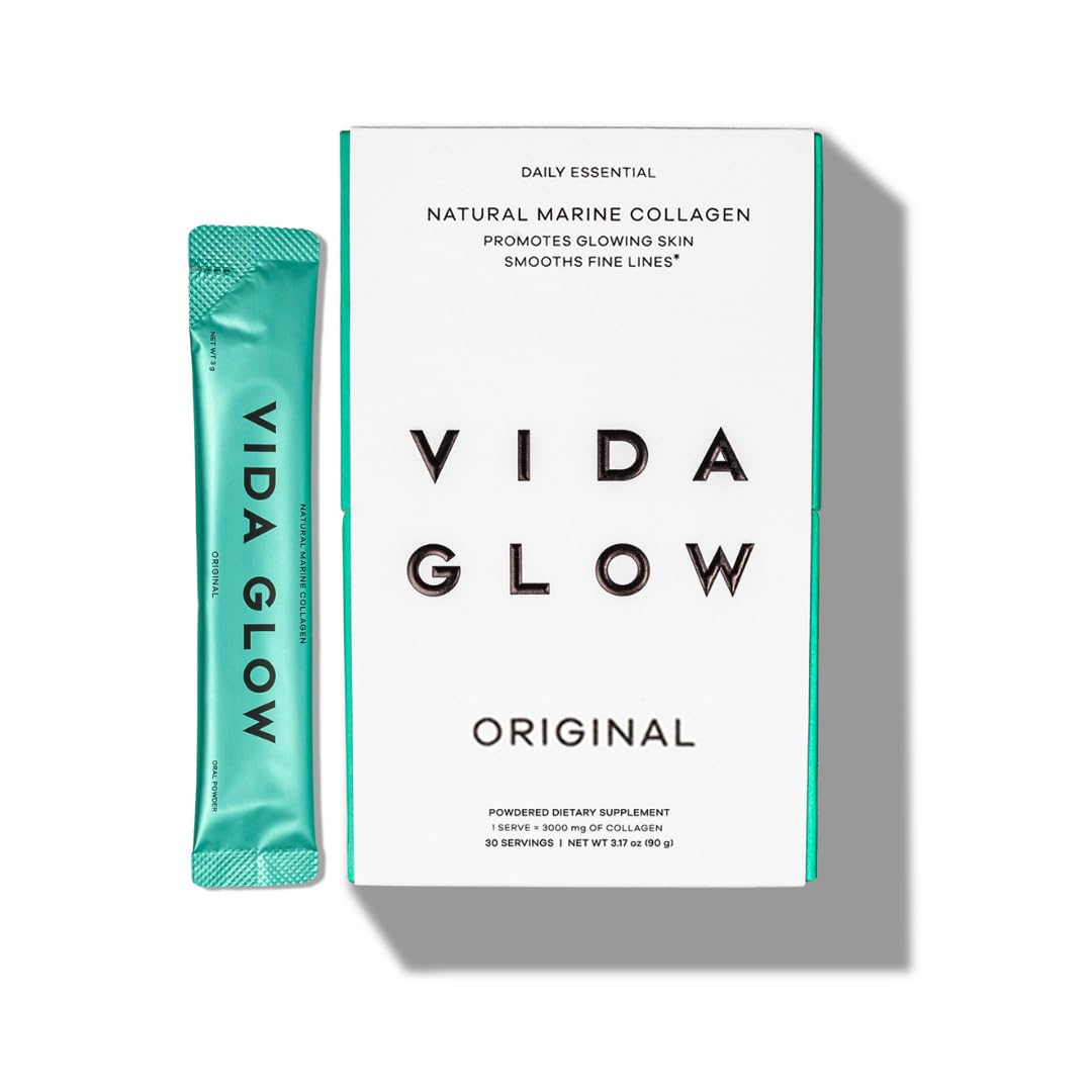 Vida Glow Marine Colágeno polvo en envase, apoyo a piel radiante y uñas fuertes.