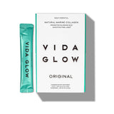 Vida Glow Marine Colágeno polvo en envase, apoyo a piel radiante y uñas fuertes.