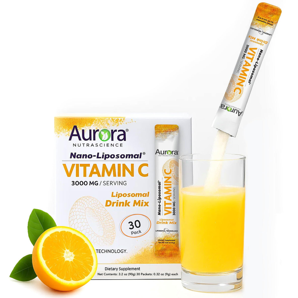 Vida Lifescience Aurora Liposomal Vitamina C en polvo naranja, listo para mezclar