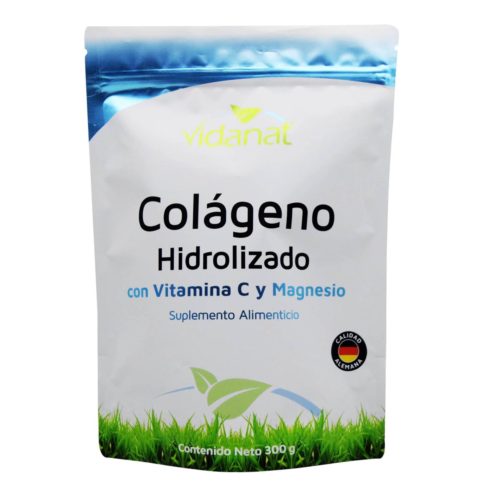 Vidanat colágeno hidrolizado con vitamina C y magnesio, envase de 300 g, ideal para uso diario.