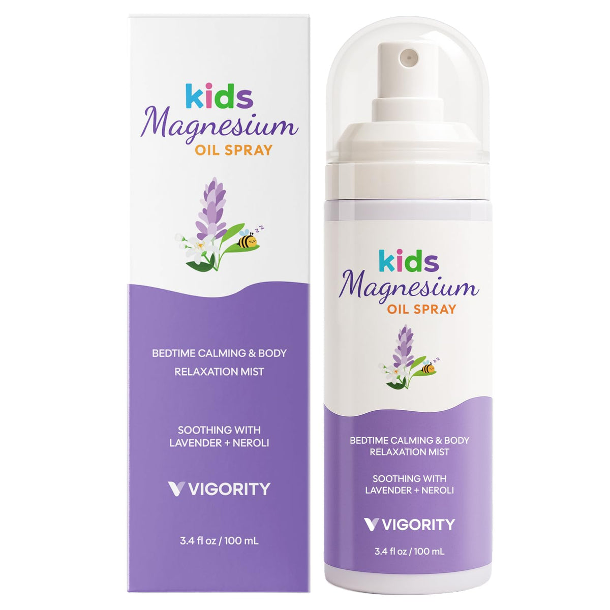 La botella de Vigority Kids Magnesio Dormir con lavanda y neroli para la hora de dormir.