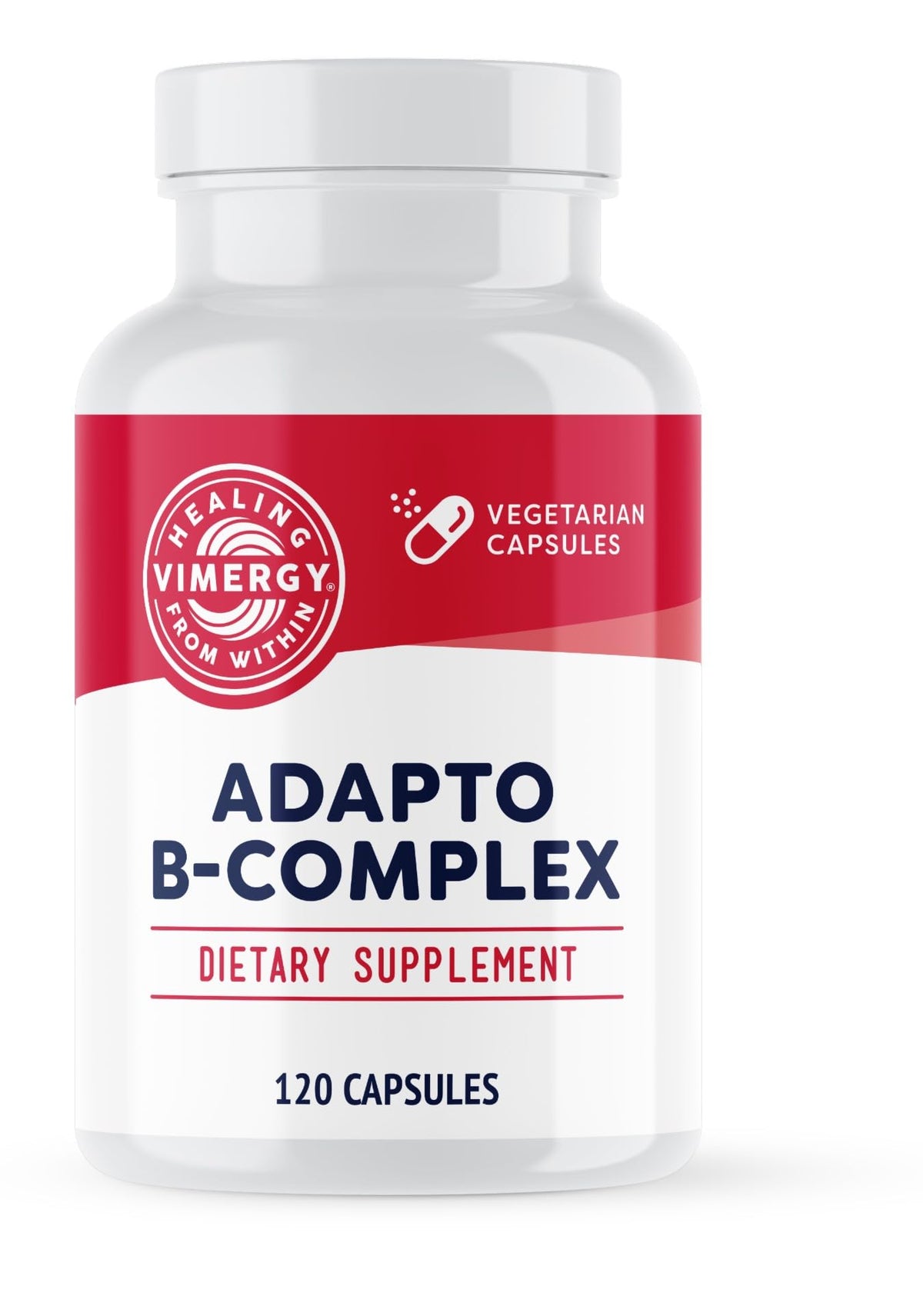 Vimergy Adapto-B Complex: botella con cápsulas, posible impulso de energía diaria.