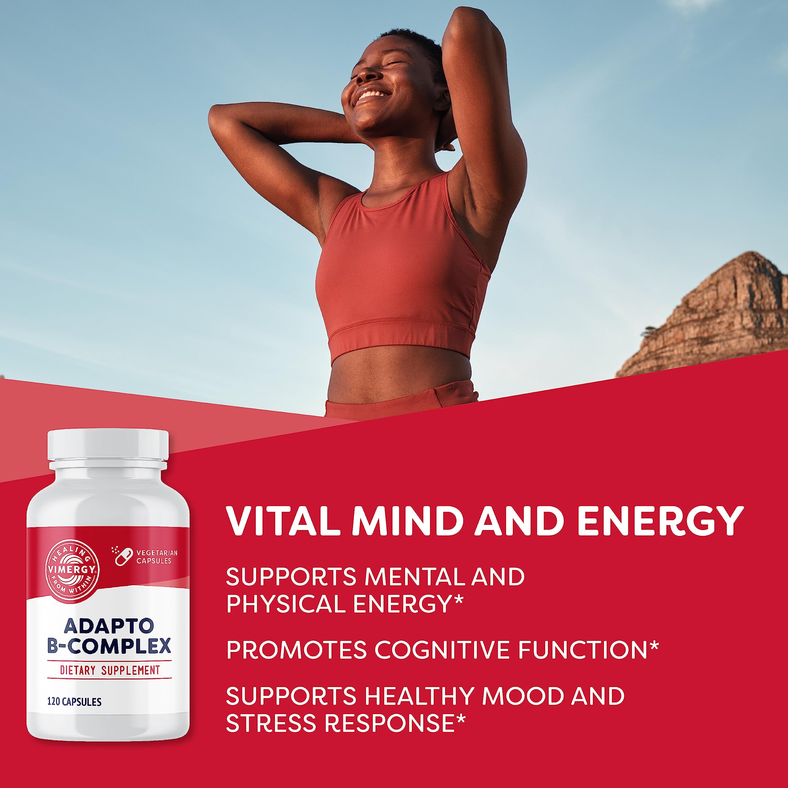 Vimergy Adapto-B Complex: cápsulas en mano, toma diaria para bienestar mental.