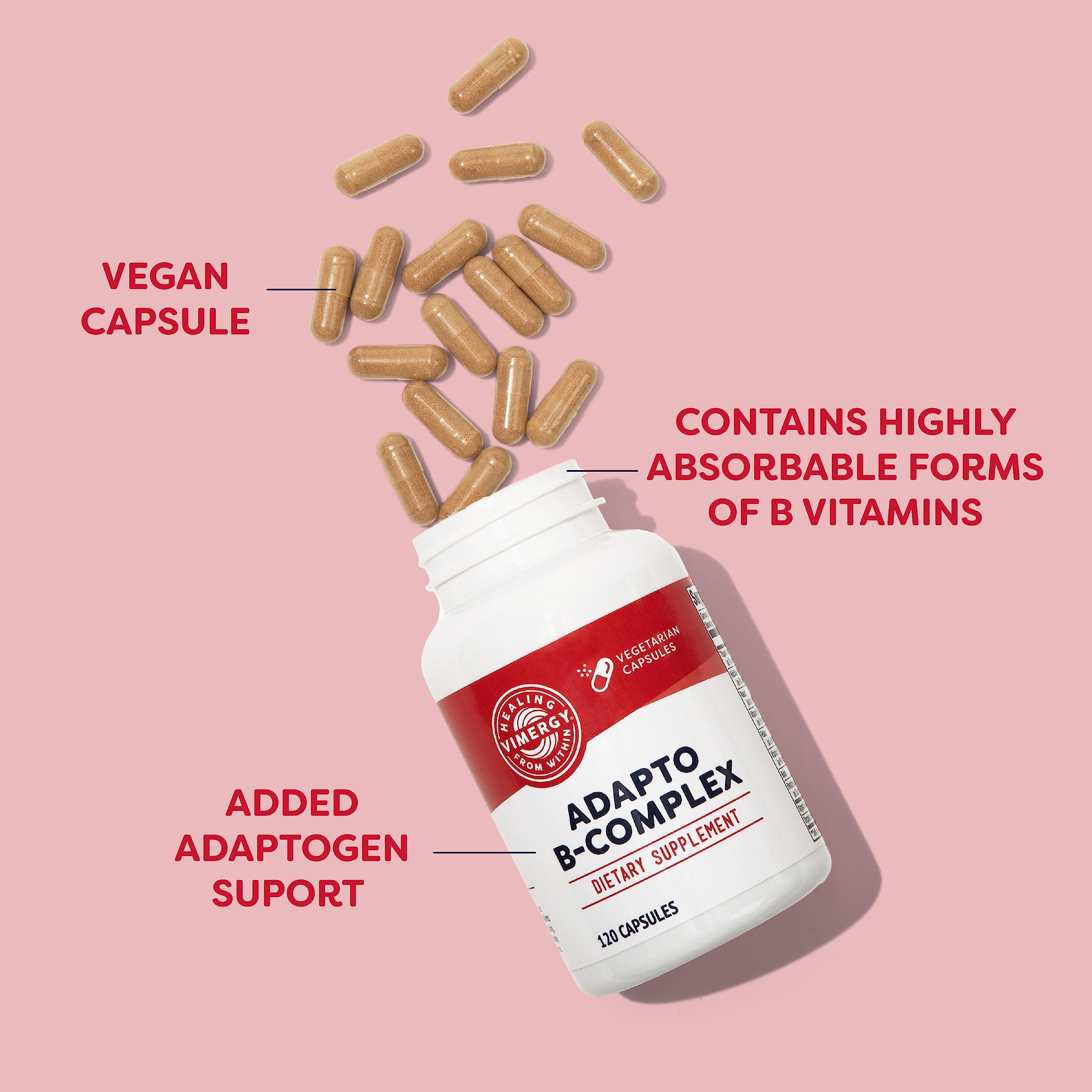 Vimergy Adapto-B Complex: envase detallado, vitaminas B activas para soporte metabólico.