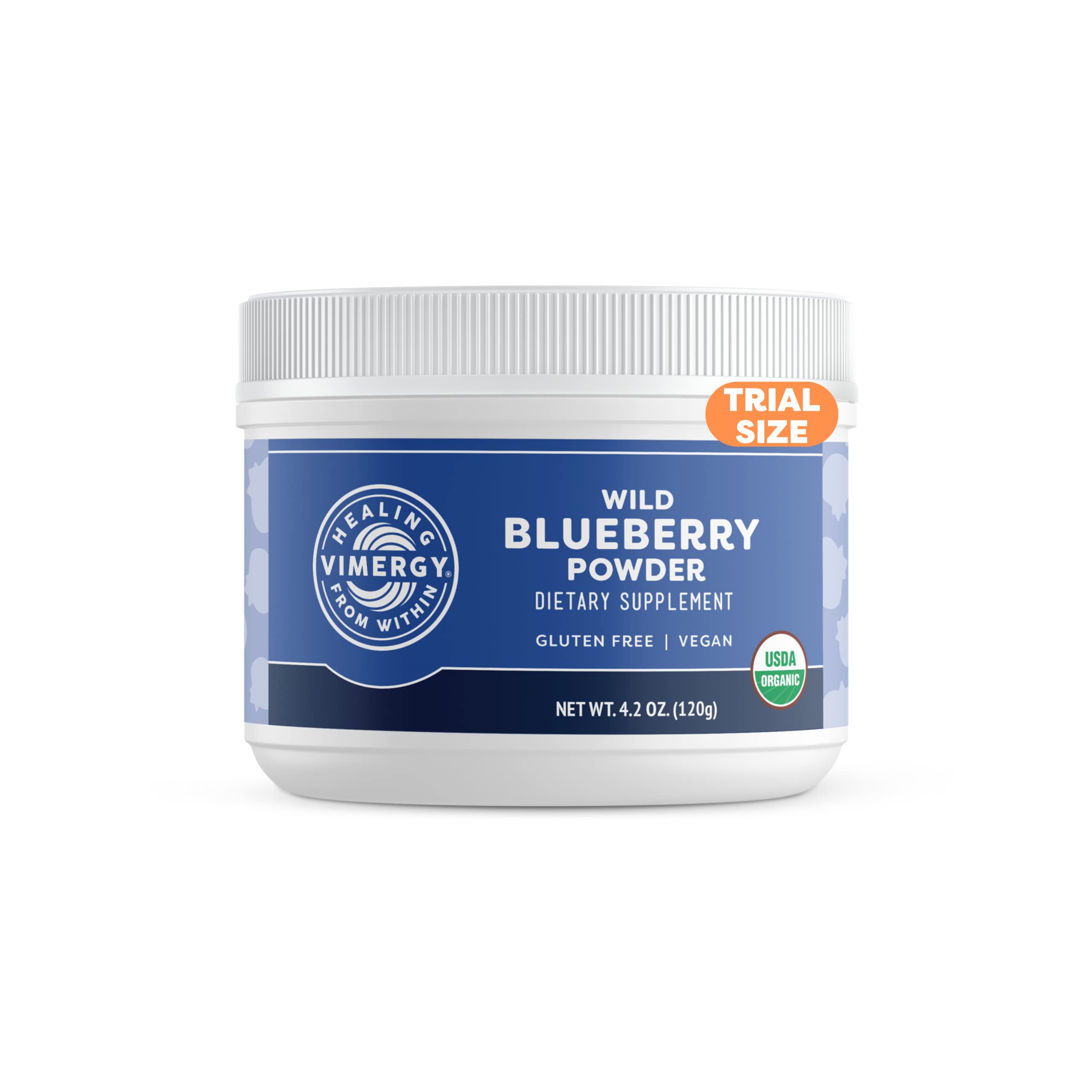 Vimergy polvo de arándano silvestre vertido desde el bote, ideal para comenzar el día.