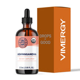 Vimergy Ashwagandha líquido en botella para uso diario y apoyo al bienestar general.