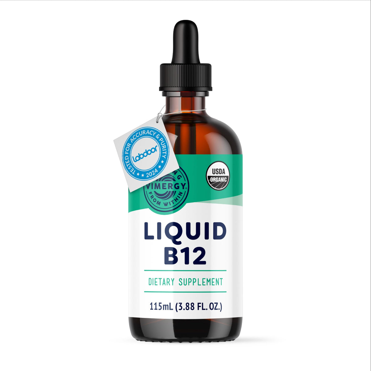 Vimergy B12 líquido en botella, fácil de dosificar para energía diaria natural.