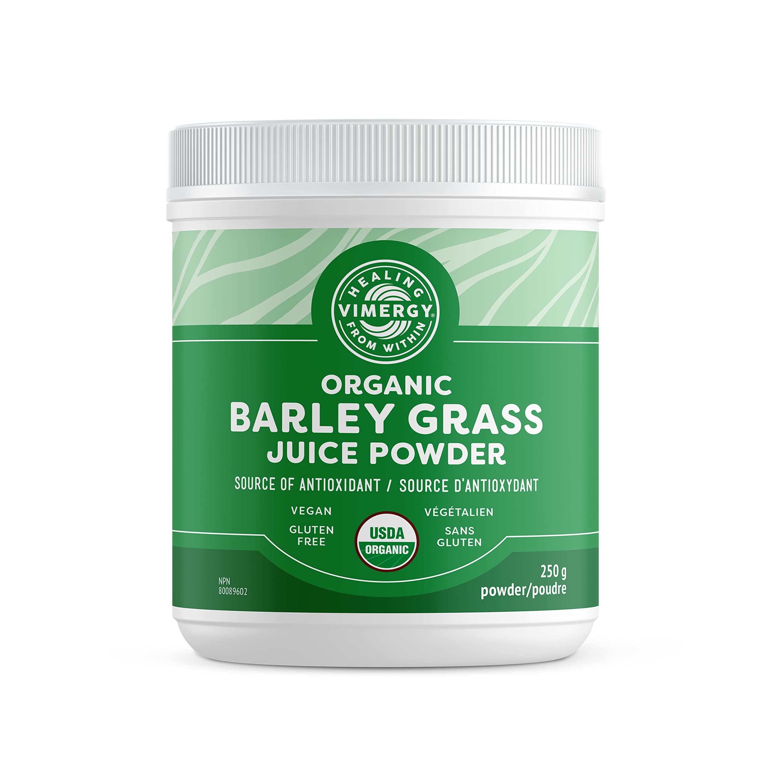 Vimergy Barley Grass Juice Powder en envase de 250 g para empezar el día con micronutrientes.