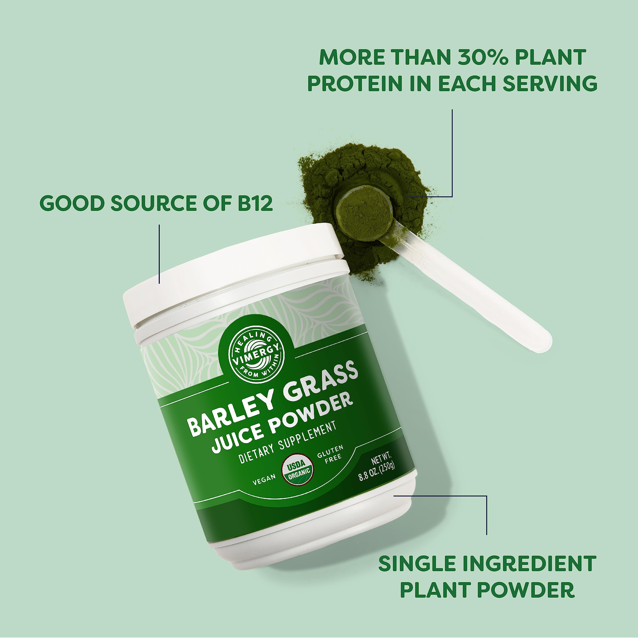 Etiqueta orgánica de Vimergy Barley Grass Juice Powder para un producto limpio.