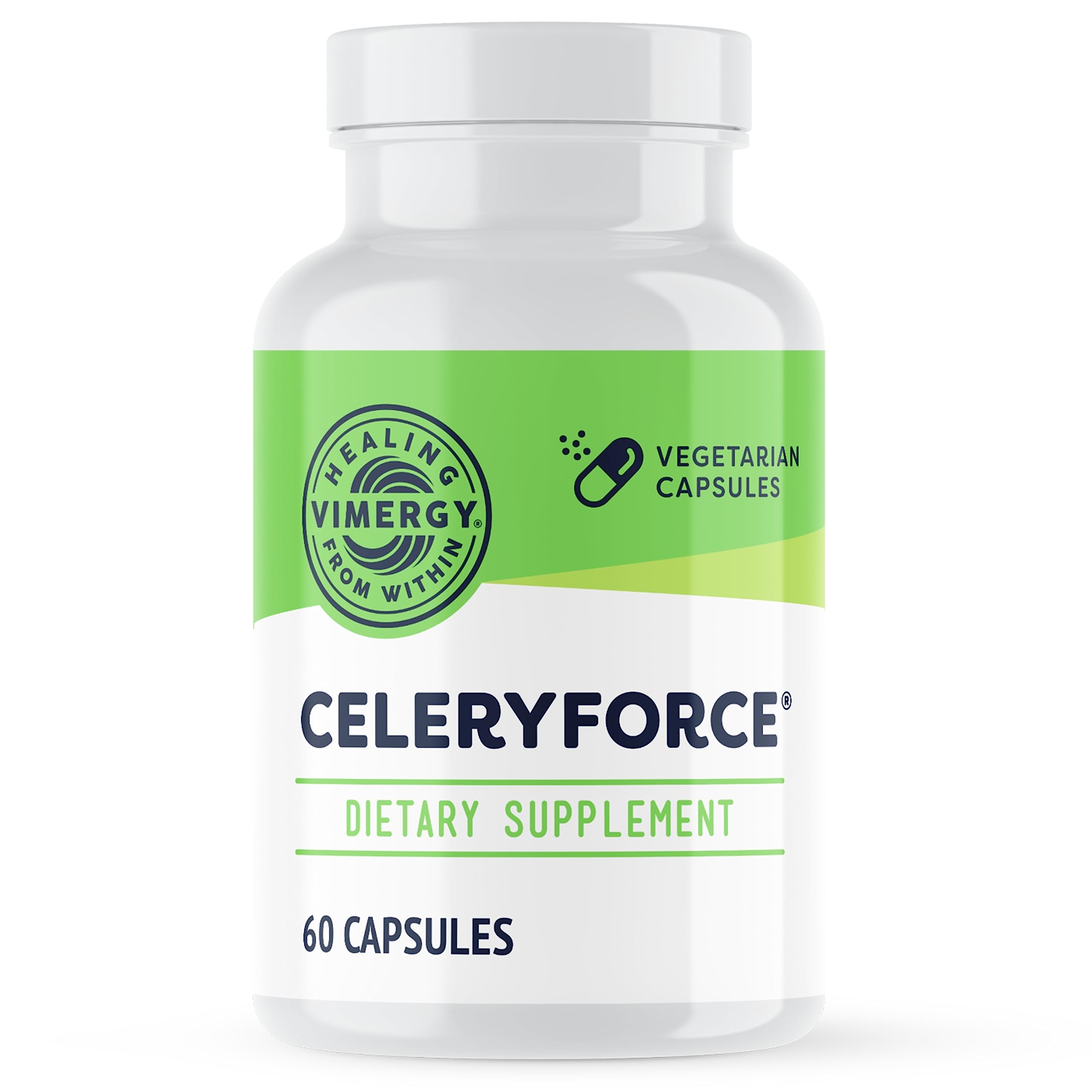 Vimergy Celeryforce: botella de cápsulas veganas para apoyo diario.