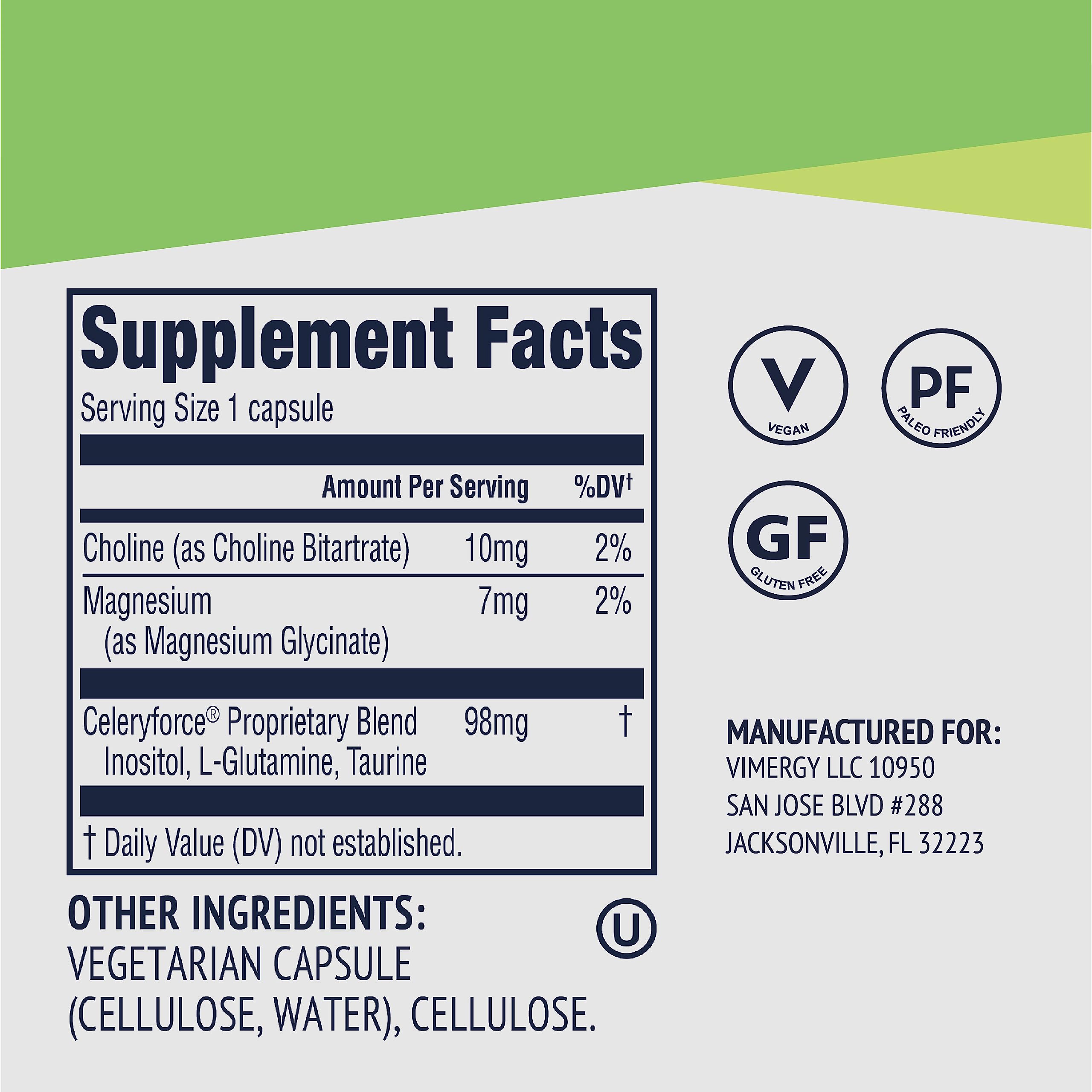 Vimergy Celeryforce: etiqueta kosher, sin gluten y sin carragenina para ingesta limpia.