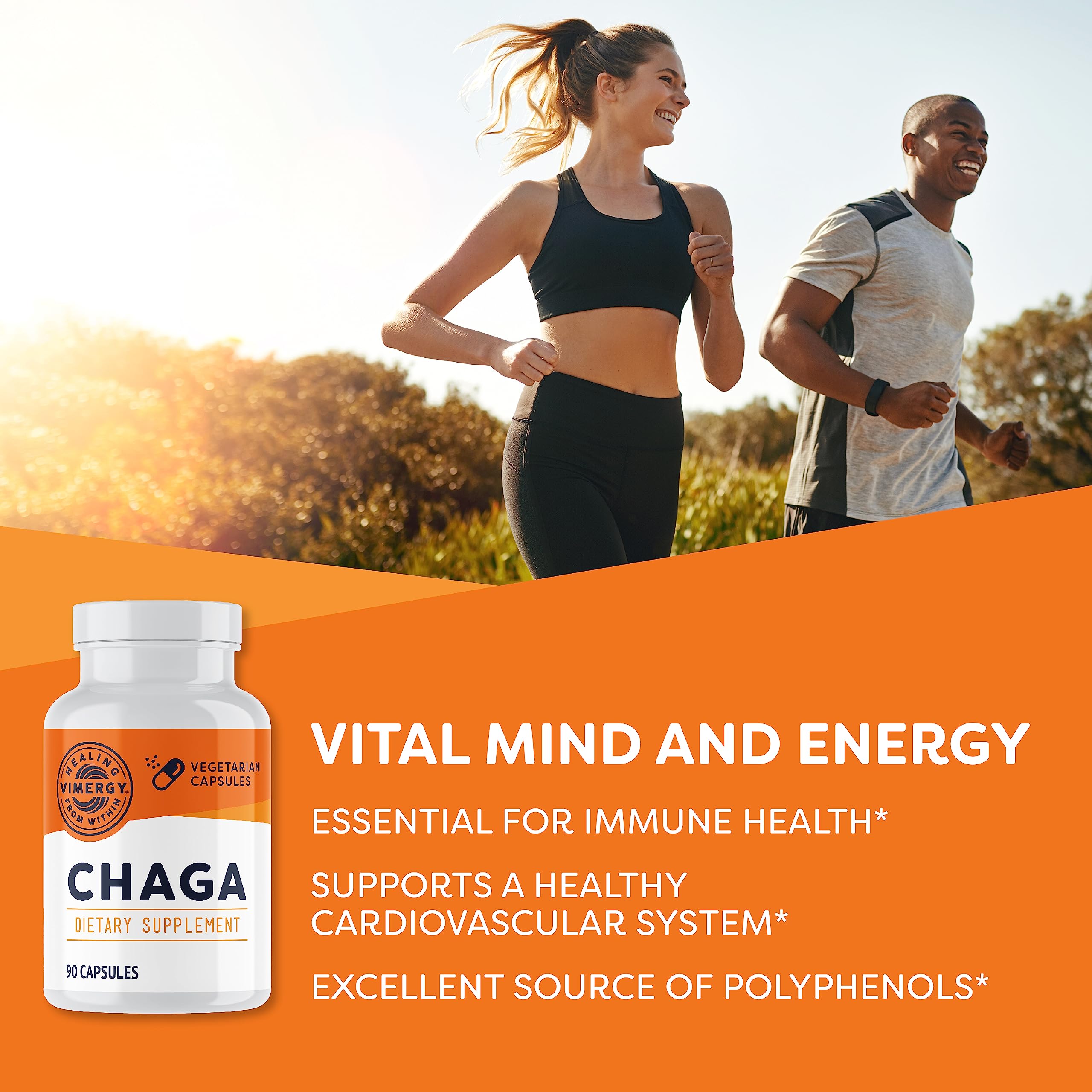 Vimergy Chaga: etiqueta legible destacando antioxidantes e inmunidad.