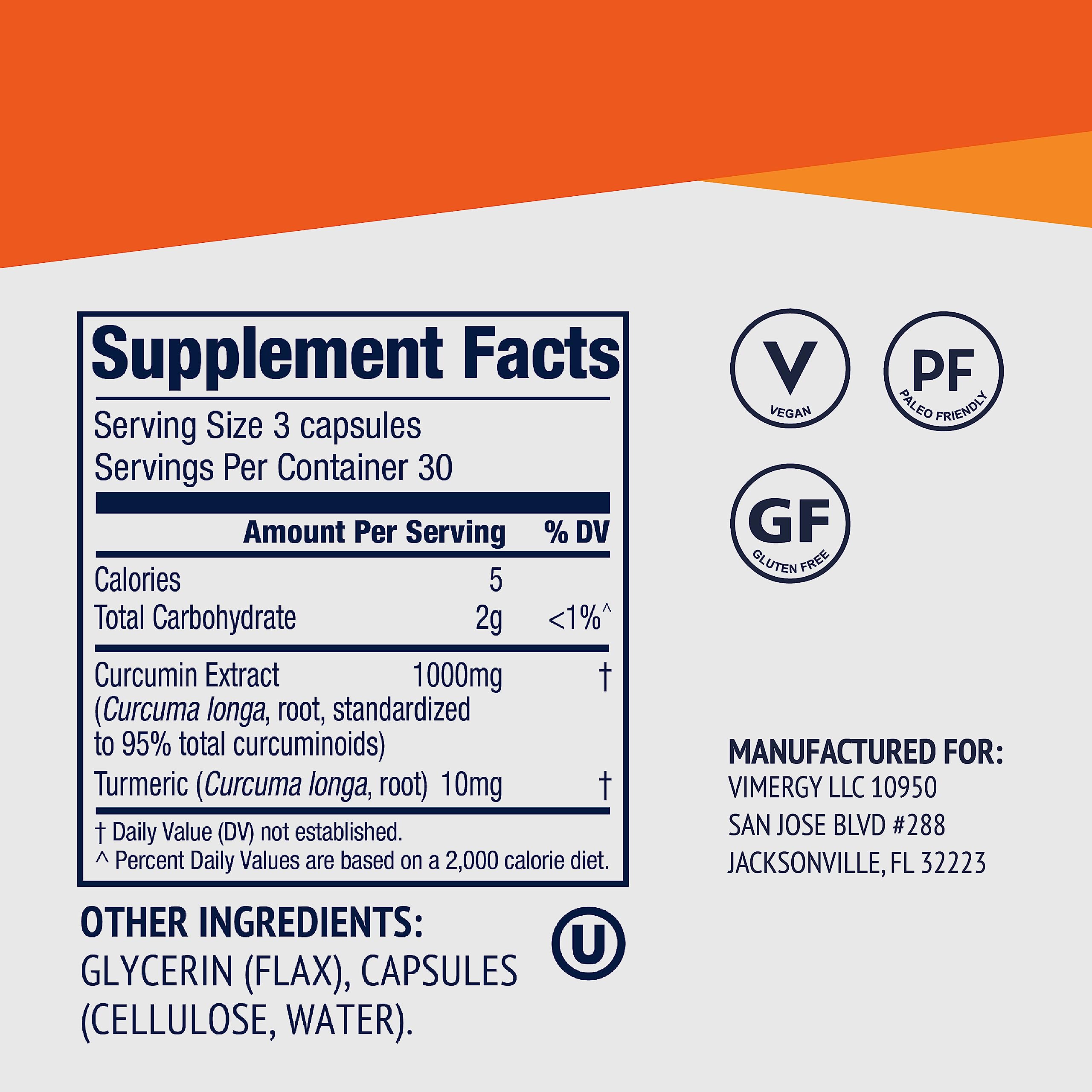 Vimergy Curcumin mezcla de 95% curcuminoides para mayor potencia.