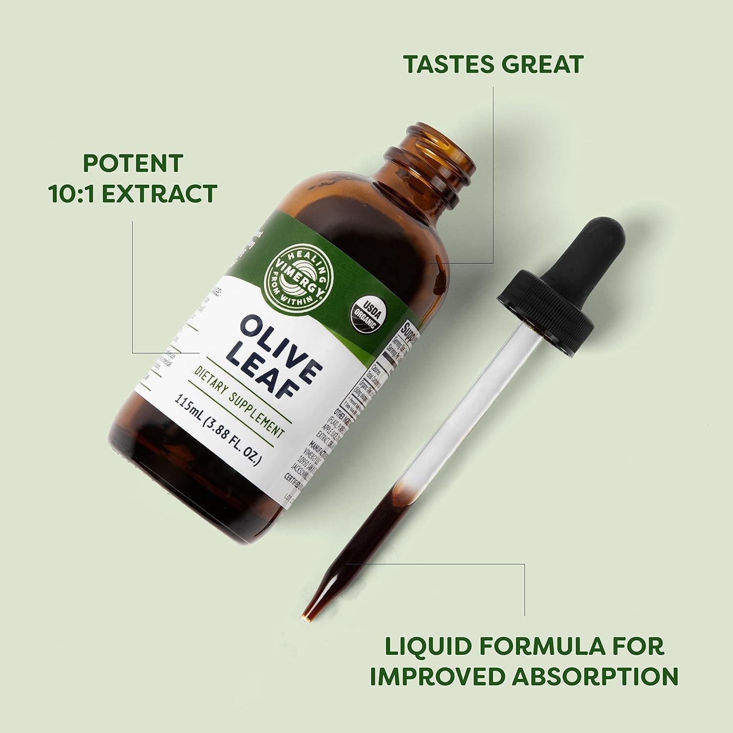 Vimergy Frasco de aceite de hoja de oliva, etiqueta orgánica visible.