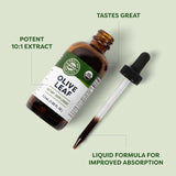 Vimergy Frasco de aceite de hoja de oliva, etiqueta orgánica visible.