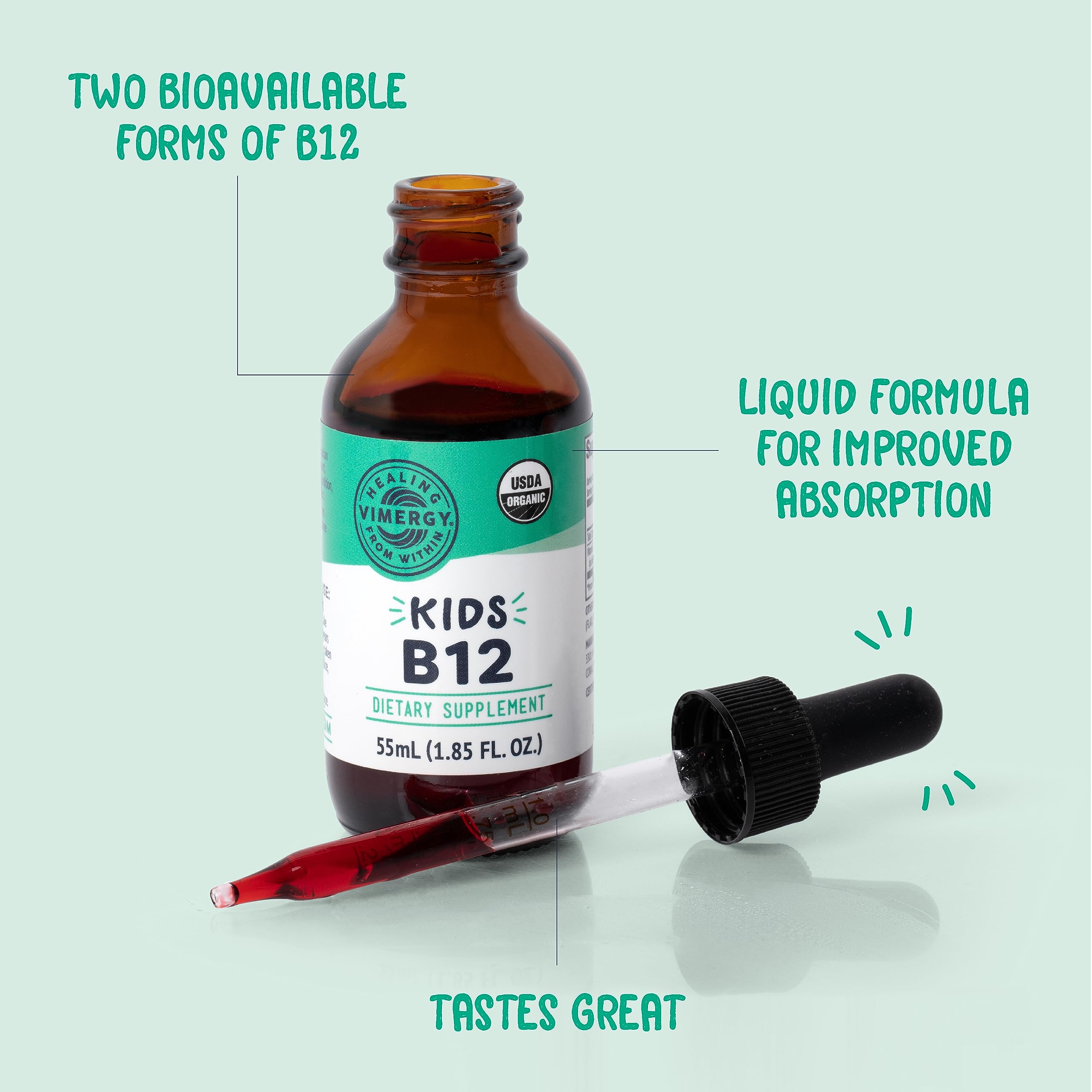 Vimergy Kids B12 con gotero incluido, dosificación fácil.